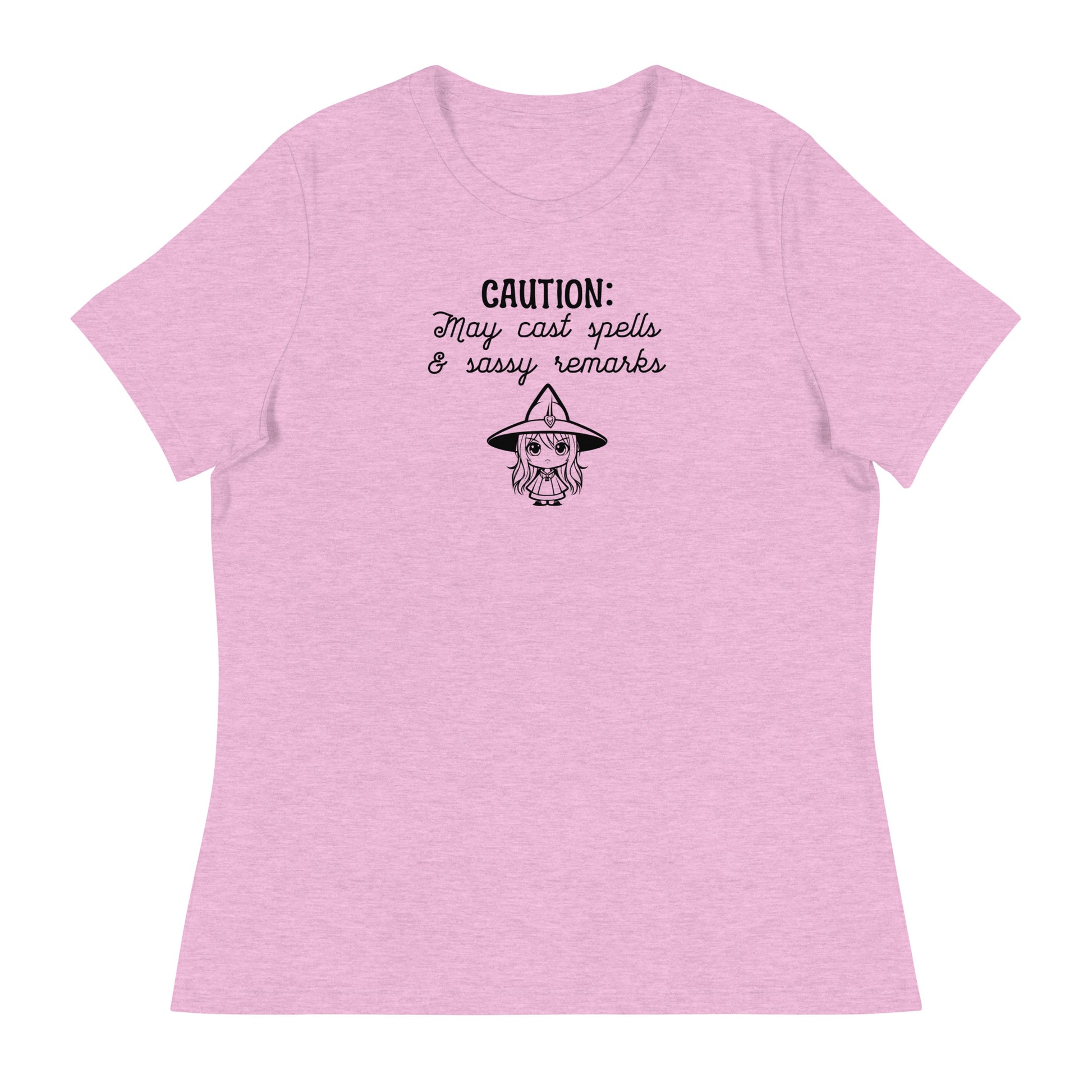 CAUTION: May Cast Spells & Sassy Remarks Women's Halloween T-Shirt Heather Prism Lilac