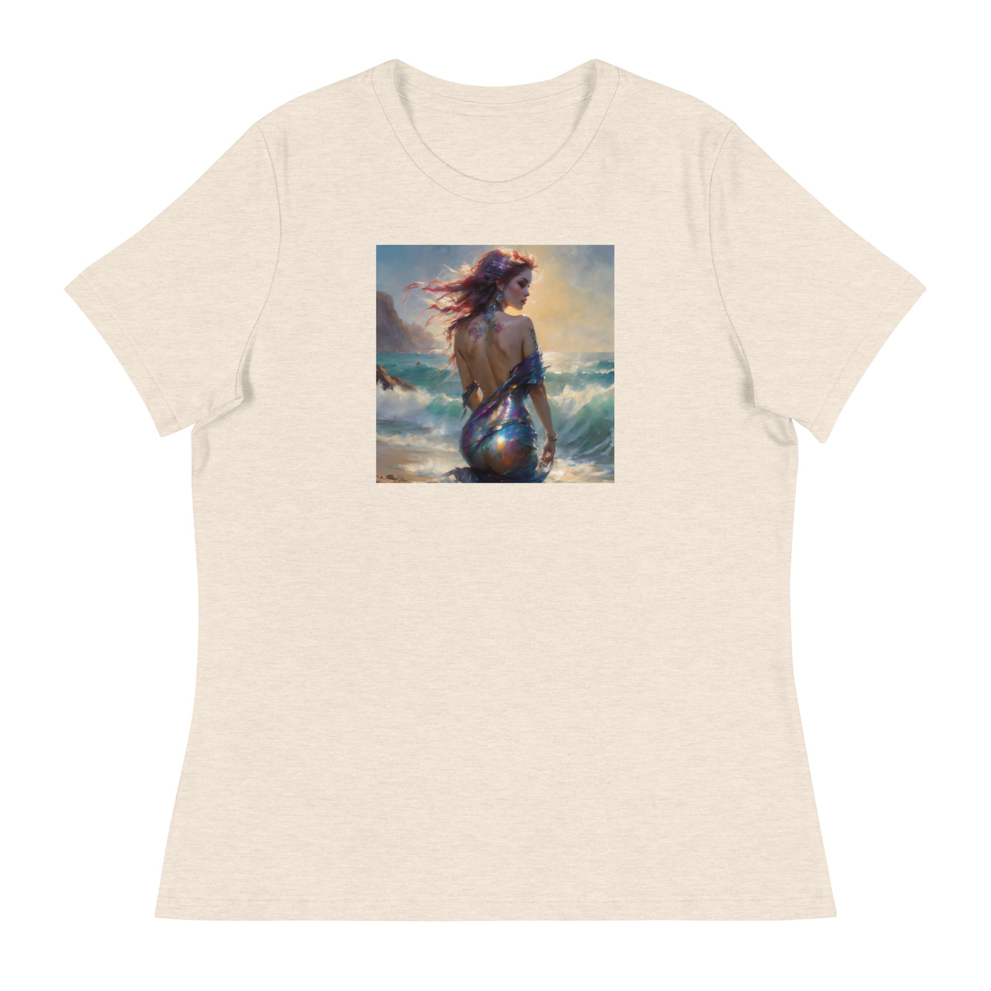 Enchanting Mermaid on Beach Women's Fantasy T-Shirt Heather Prism Natural