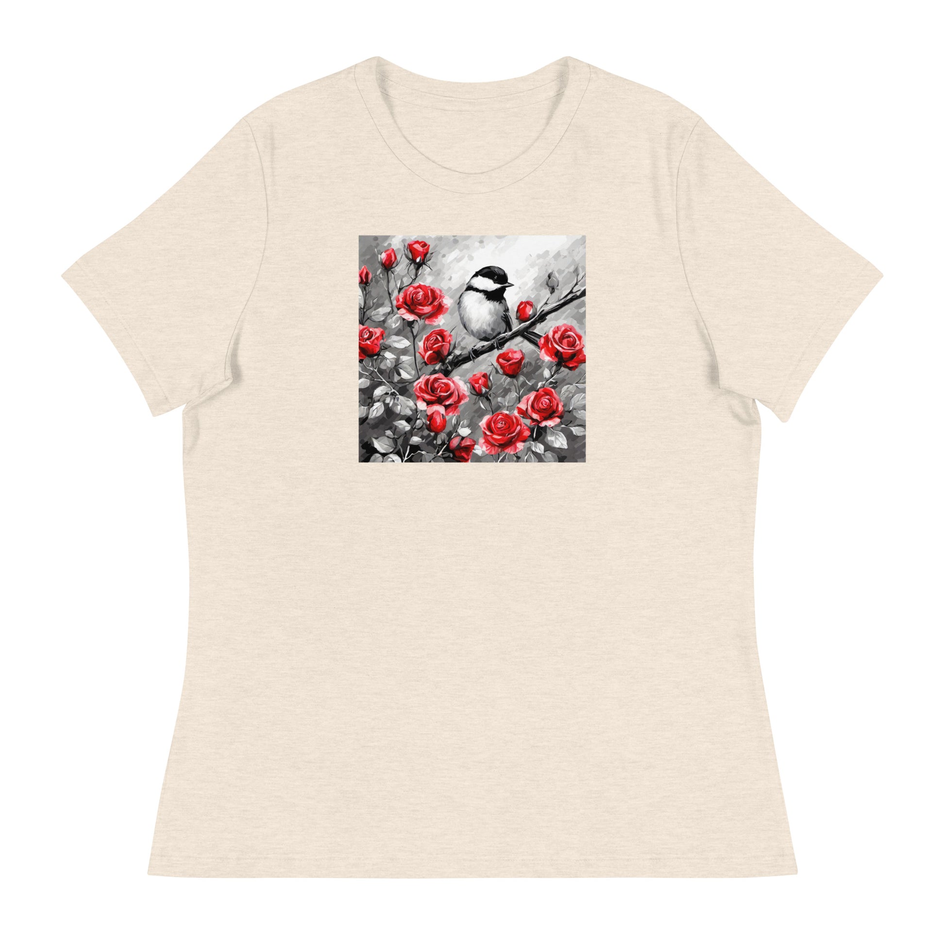 Chickadee Among Roses Women's Bird Lover T-Shirt Heather Prism Natural