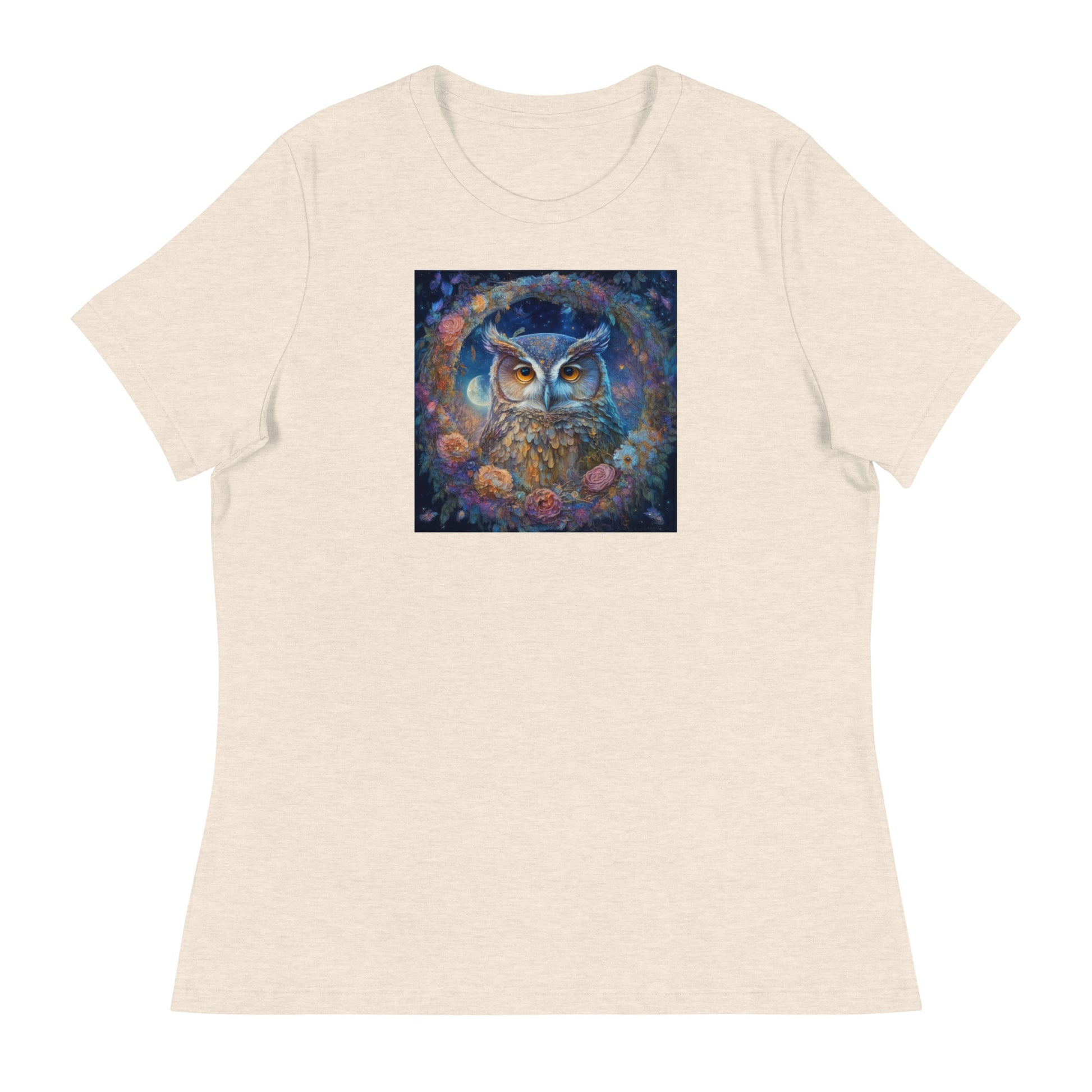 Owl Wreath Women's Animal Lover T-Shirt Heather Prism Natural