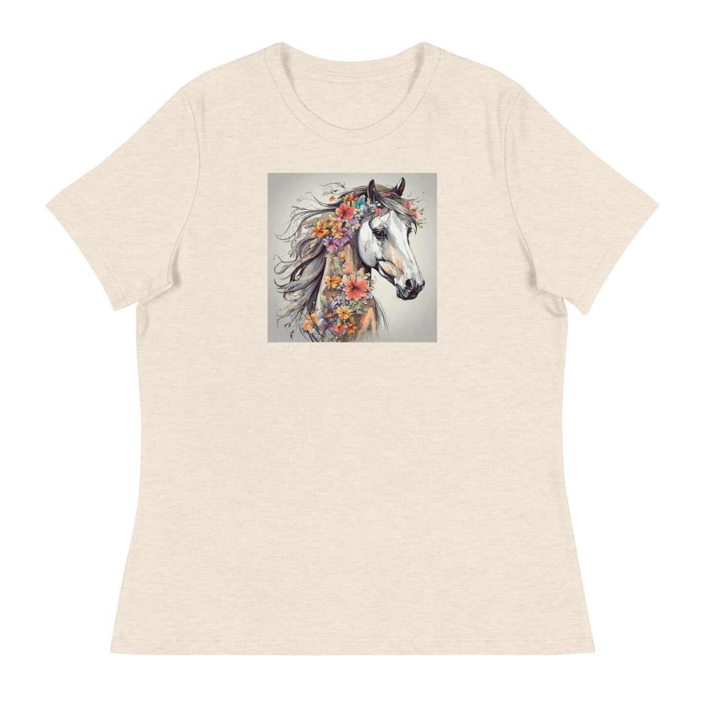 Horse with Flowers Women's Animal Lover T-Shirt Heather Prism Natural