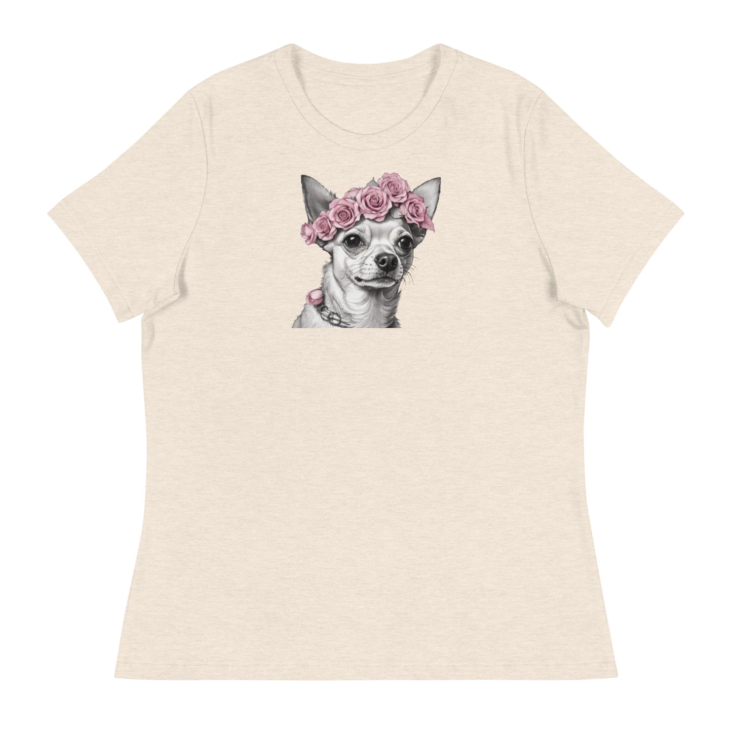 Chihuahua with Pink Rose Wreath Women's Dog Lover T-Shirt Heather Prism Natural