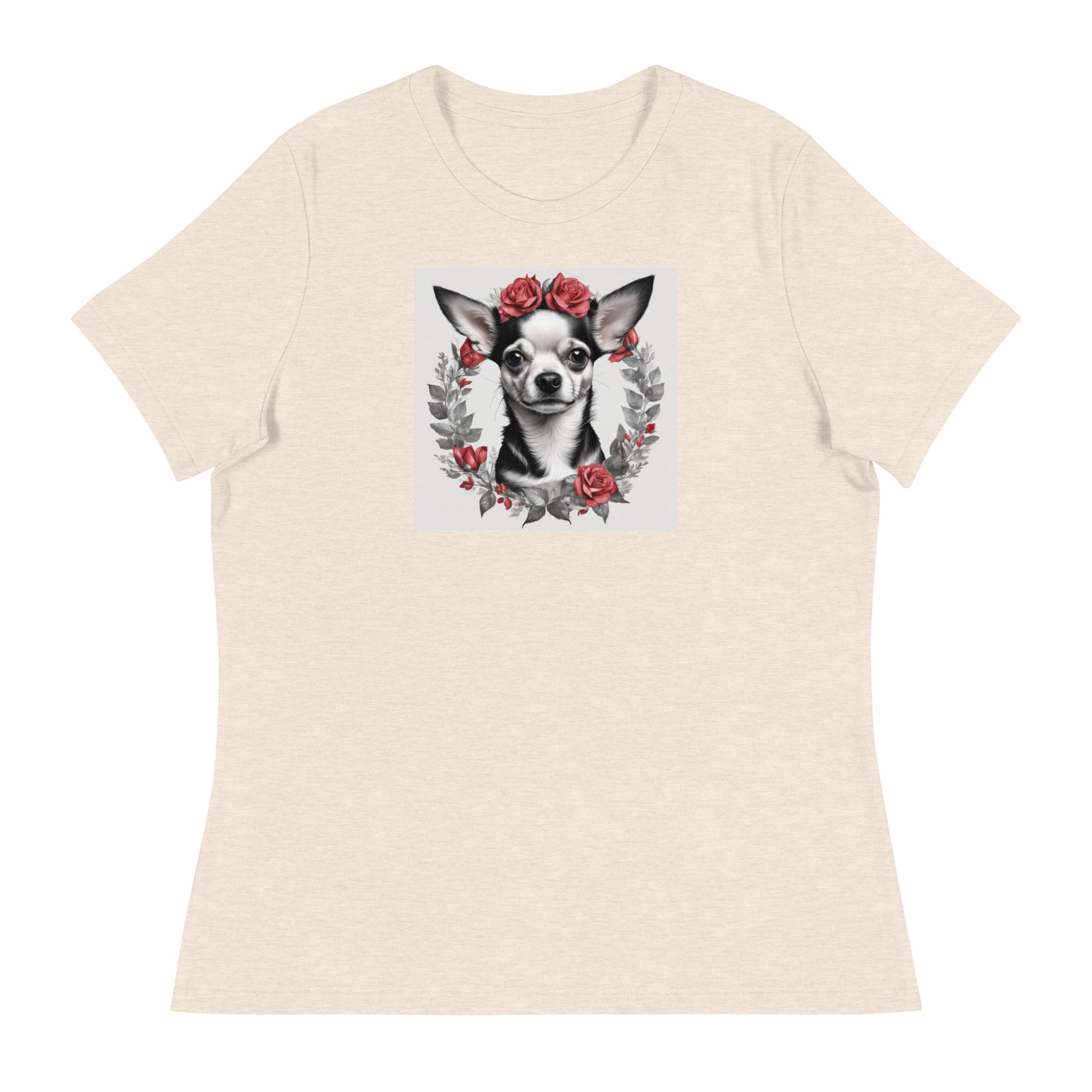 Chihuahua with Red Rose Wreath Women's Dog Lover T-Shirt Heather Prism Natural