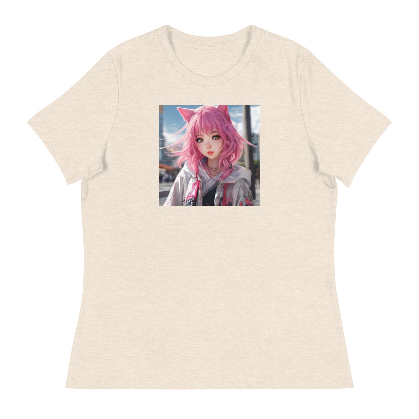 Cute Girl with Cat Ears and Pink Hair Women's Anime T-Shirt Heather Prism Natural