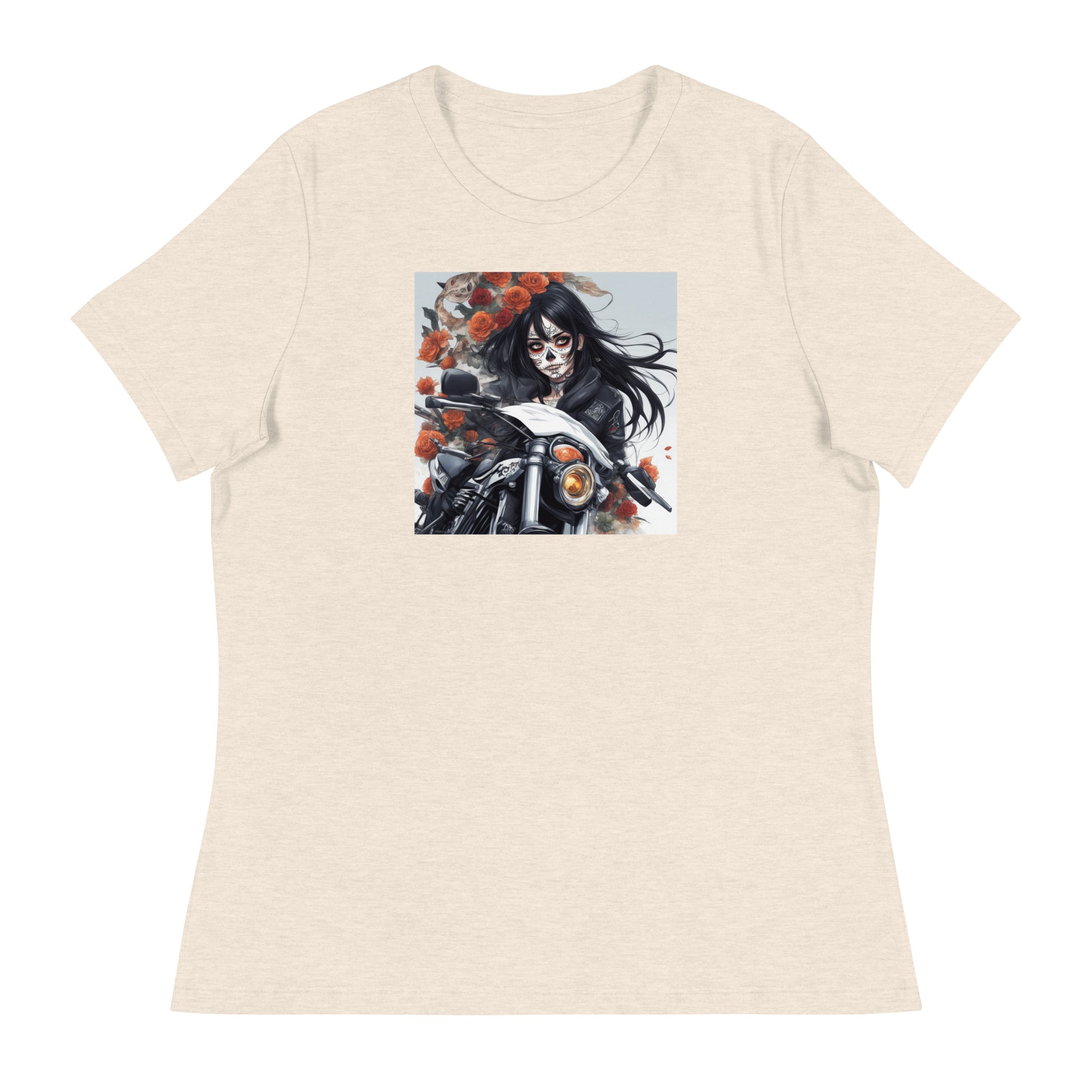 Day of the Dead Biker Close Up Women's Anime T-Shirt Heather Prism Natural