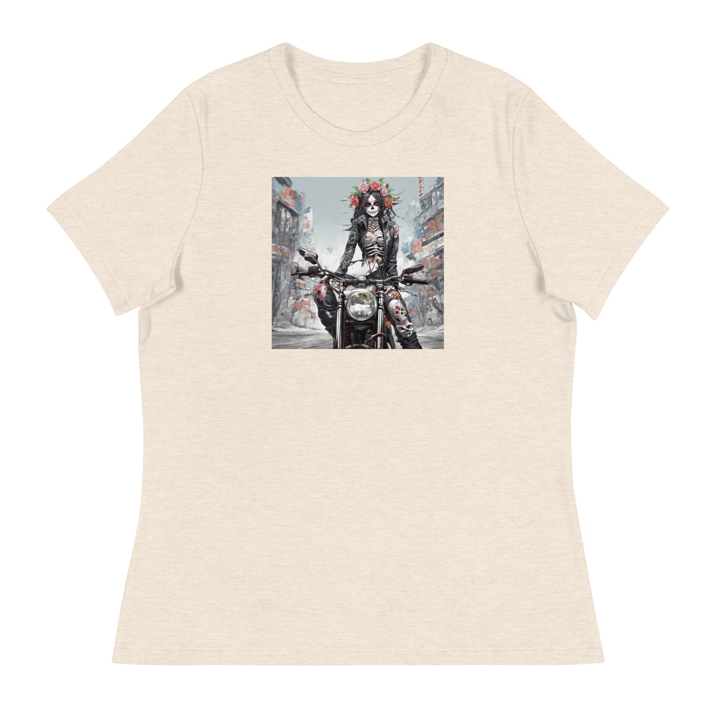 Day of the Dead Biker Women's Anime T-Shirt Heather Prism Natural