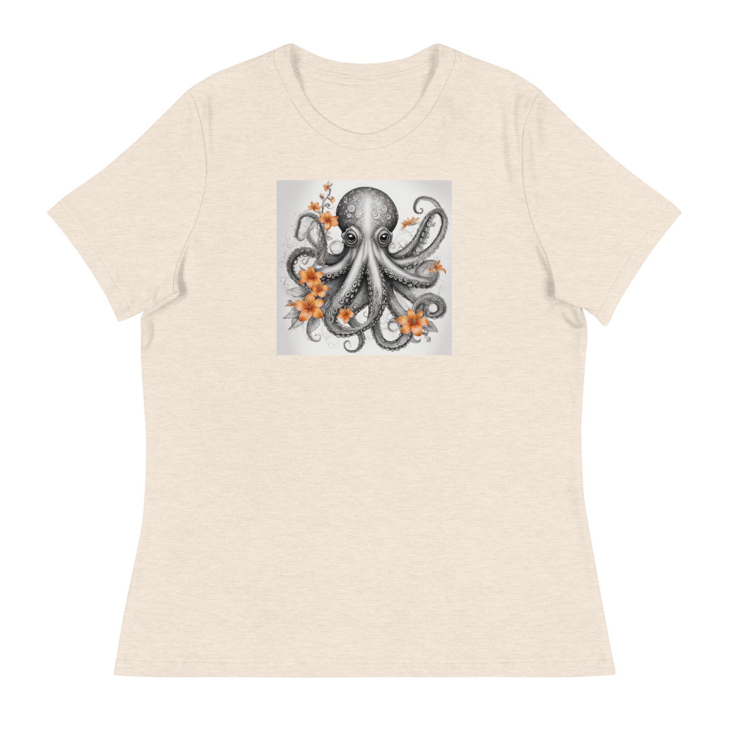 Octopus with Orange Flowers Women's Animal Lover T-Shirt Heather Prism Natural