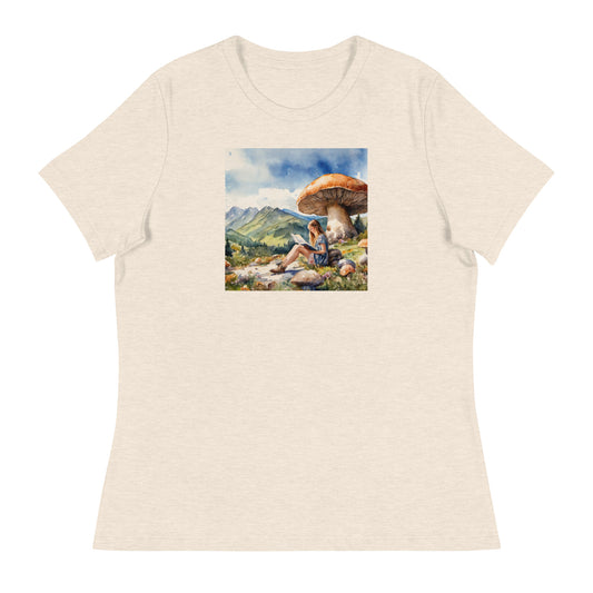 Woman Reading a Book under Large Mushroom Women's Book Lover T-Shirt Heather Prism Natural