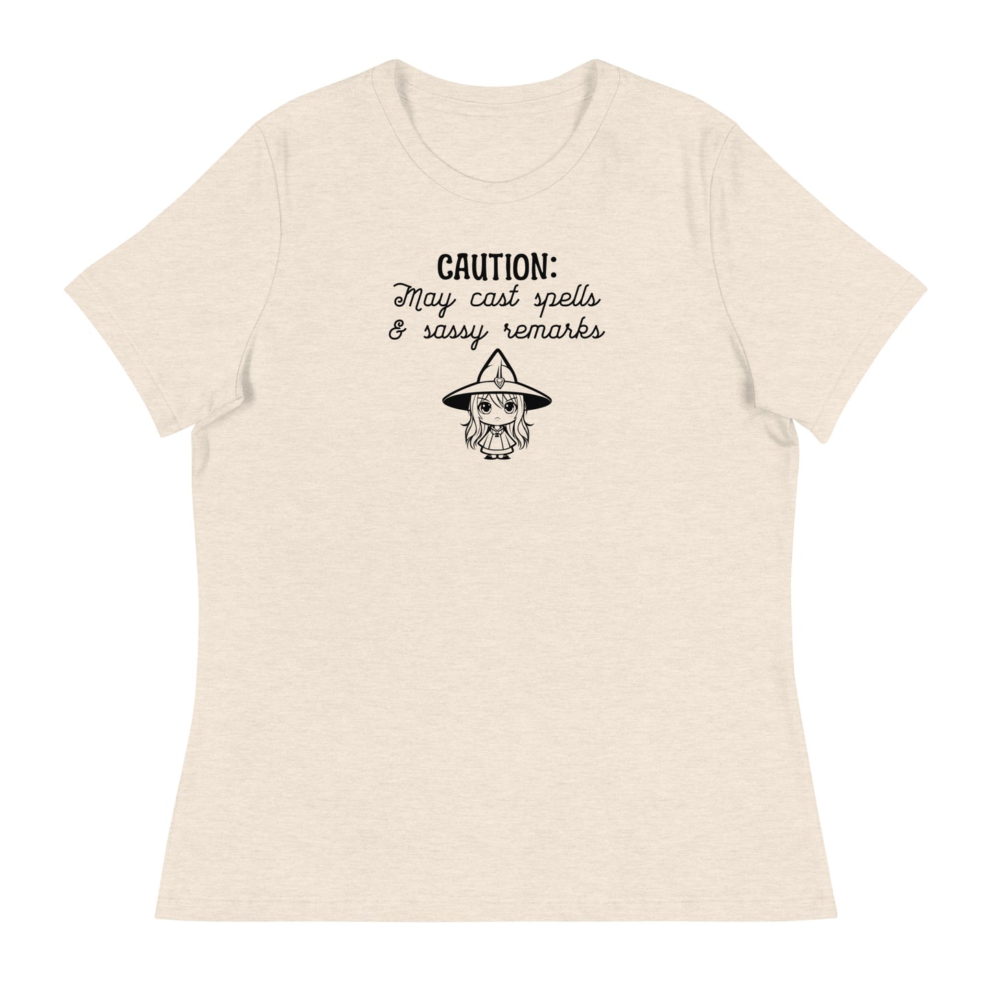 CAUTION: May Cast Spells & Sassy Remarks Women's Halloween T-Shirt Heather Prism Natural