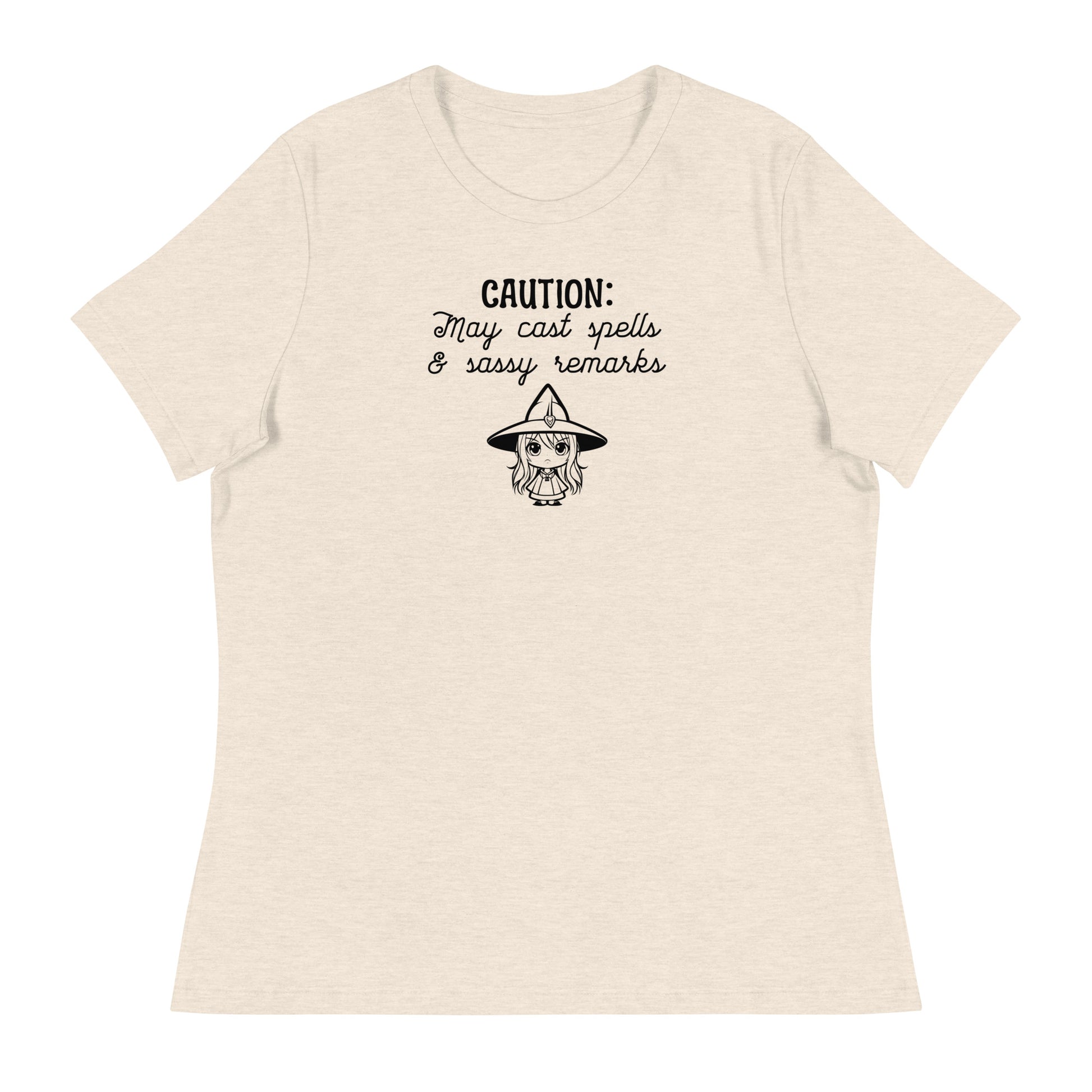 CAUTION: May Cast Spells & Sassy Remarks Women's Halloween T-Shirt Heather Prism Natural