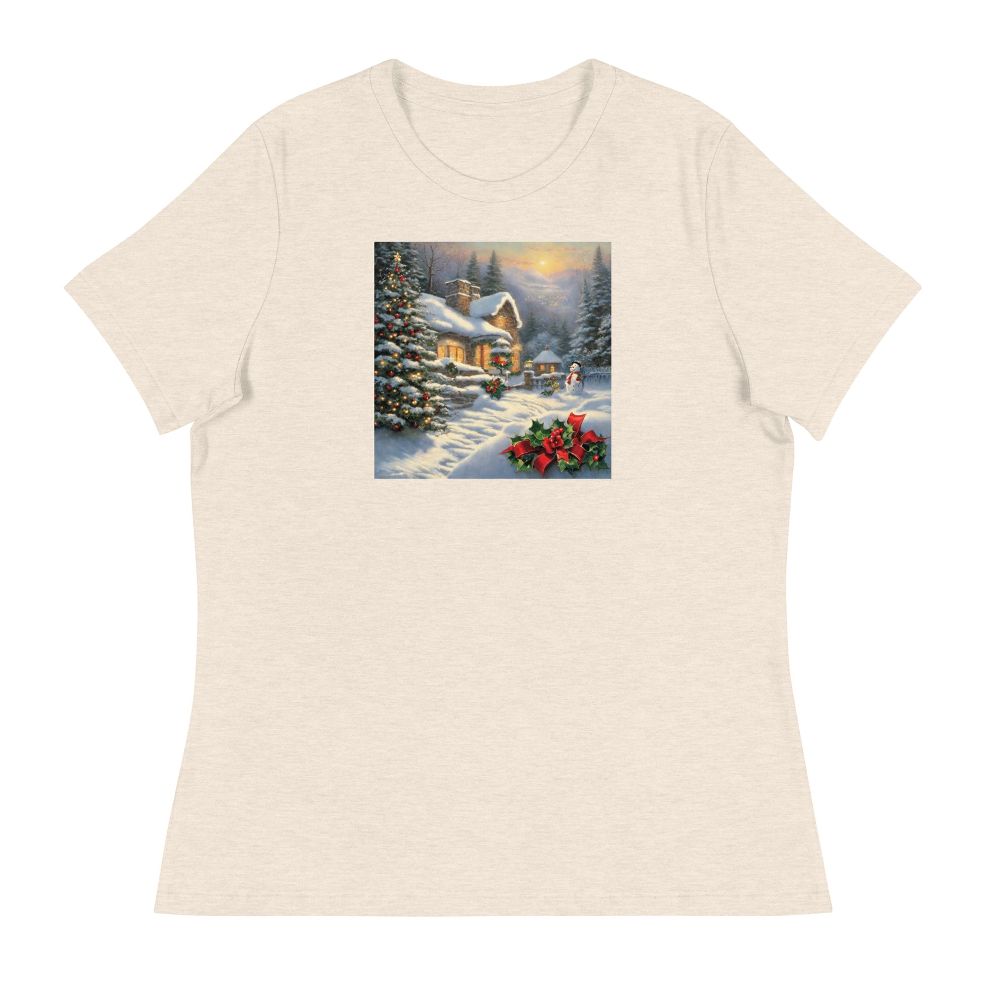 Snowy Winter Scene Women's Christmas T-Shirt Heather Prism Natural