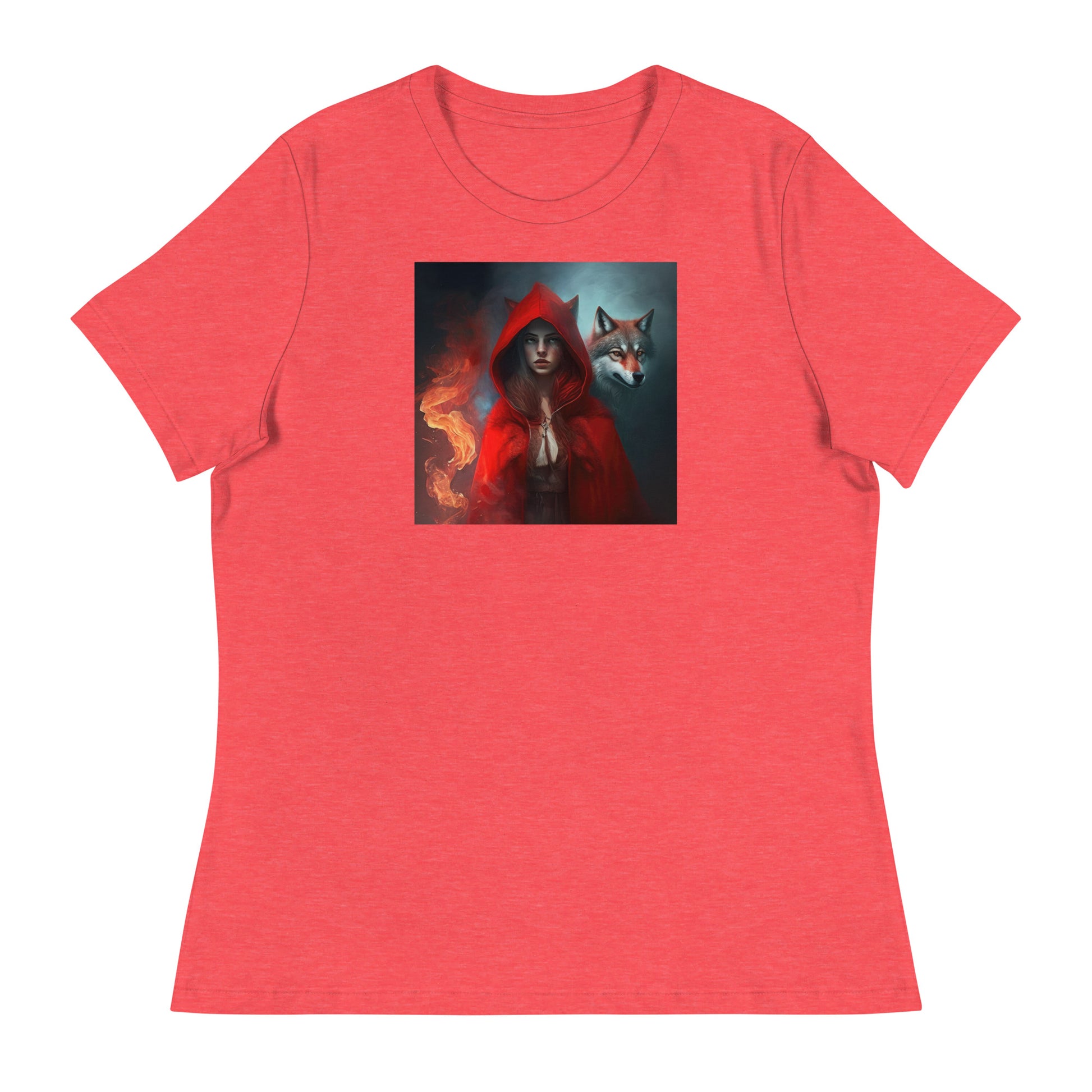 Fiery Red Riding Hood & Wolf Women's T-Shirt Heather Red