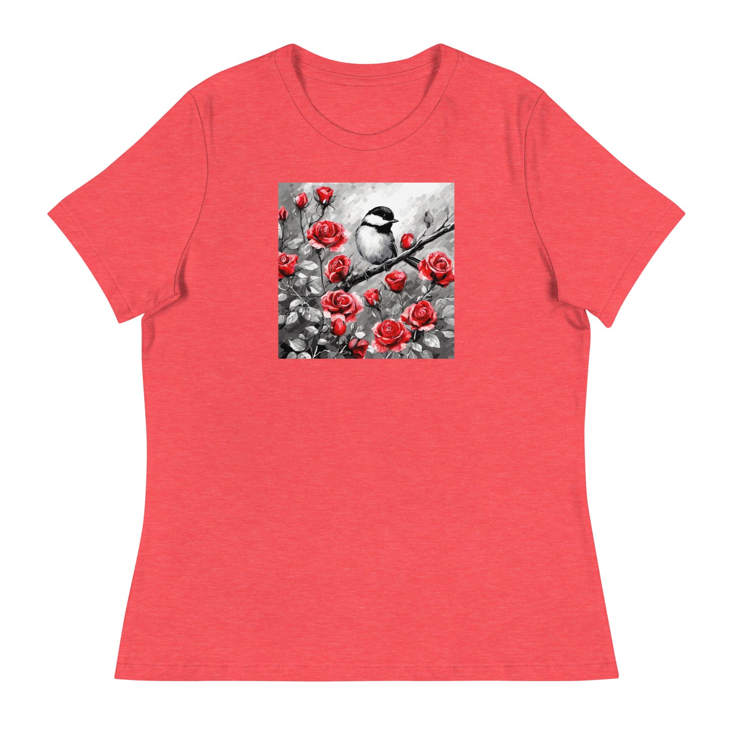 Chickadee Among Roses Women's Bird Lover T-Shirt Heather Red