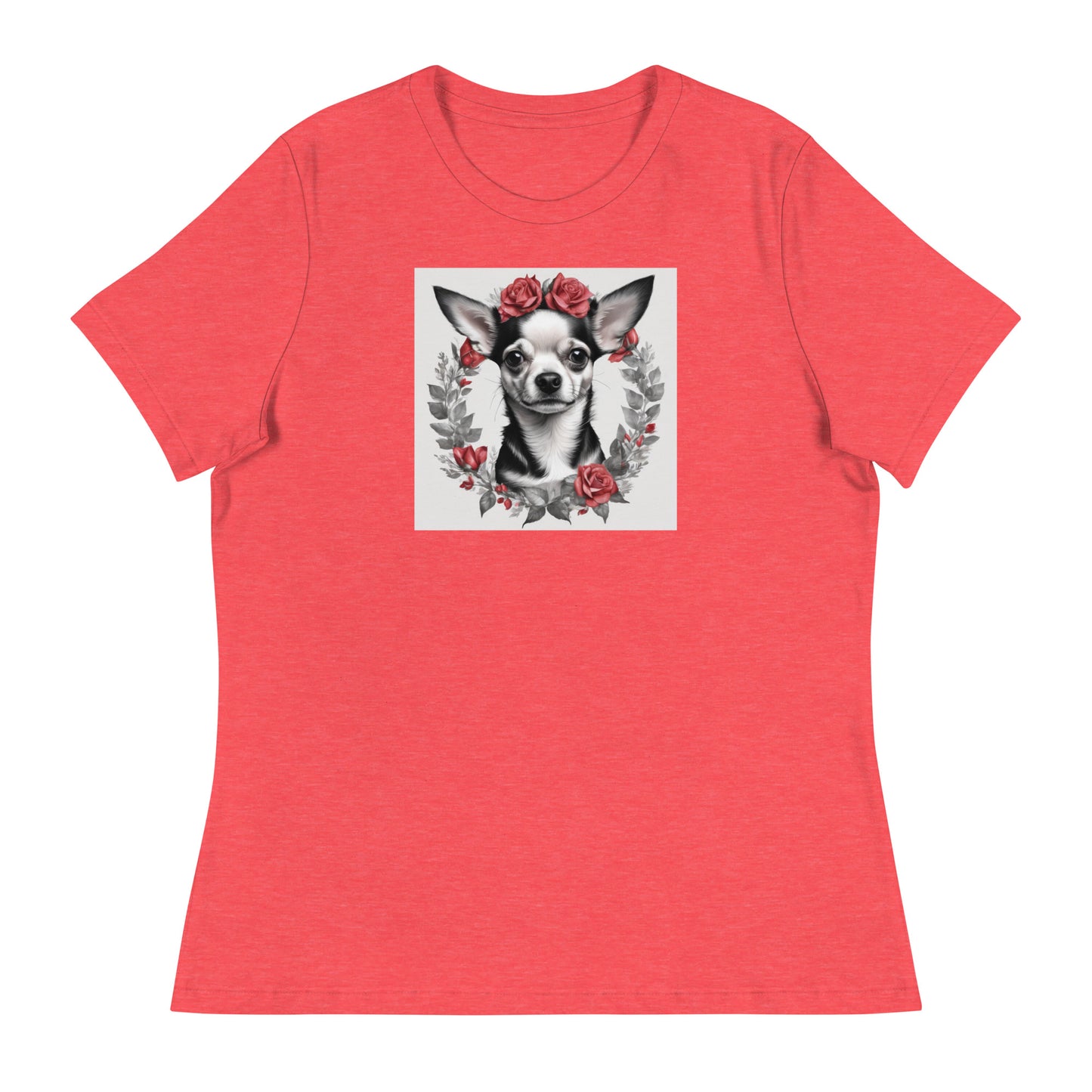 Chihuahua with Red Rose Wreath Women's Dog Lover T-Shirt Heather Red