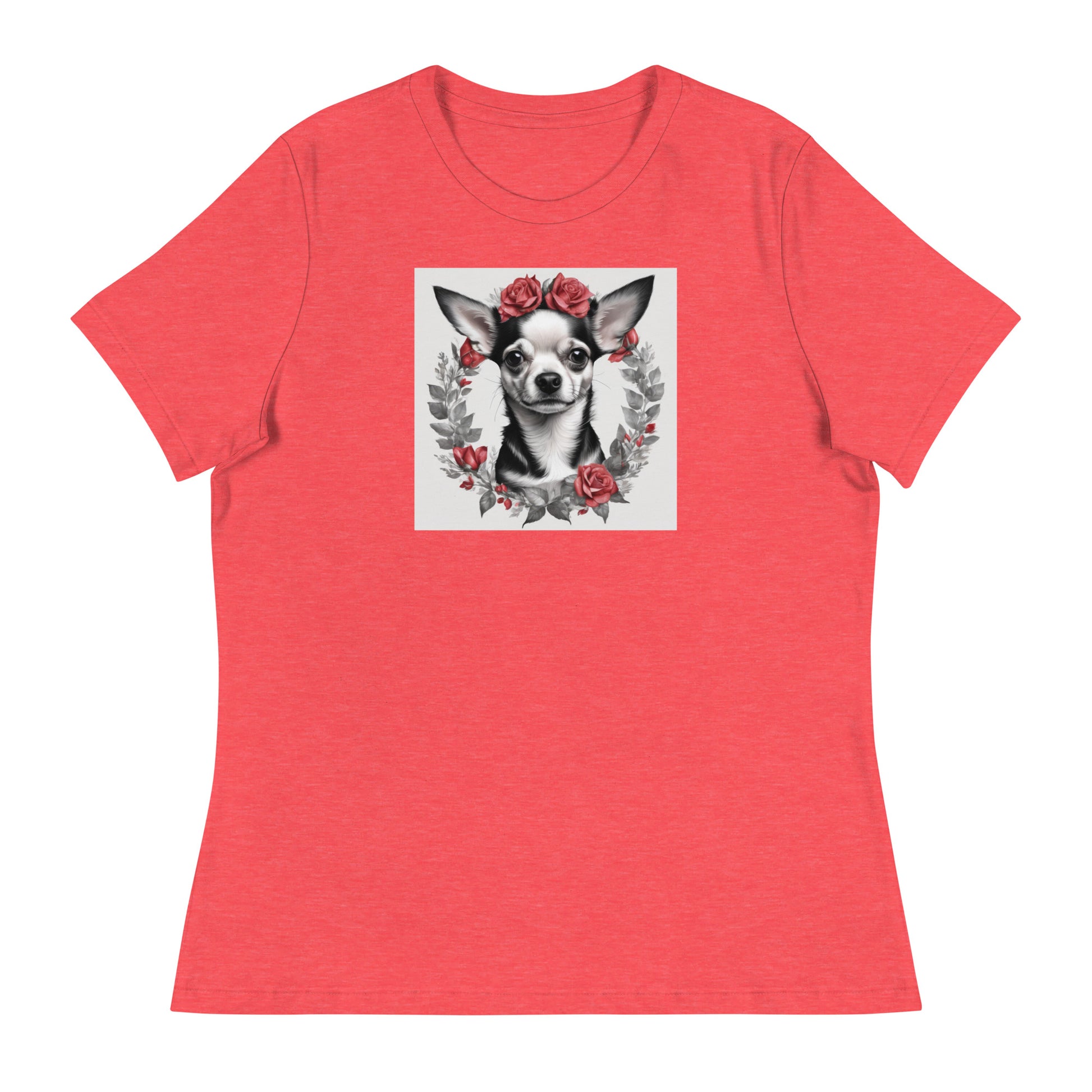 Chihuahua with Red Rose Wreath Women's Dog Lover T-Shirt Heather Red