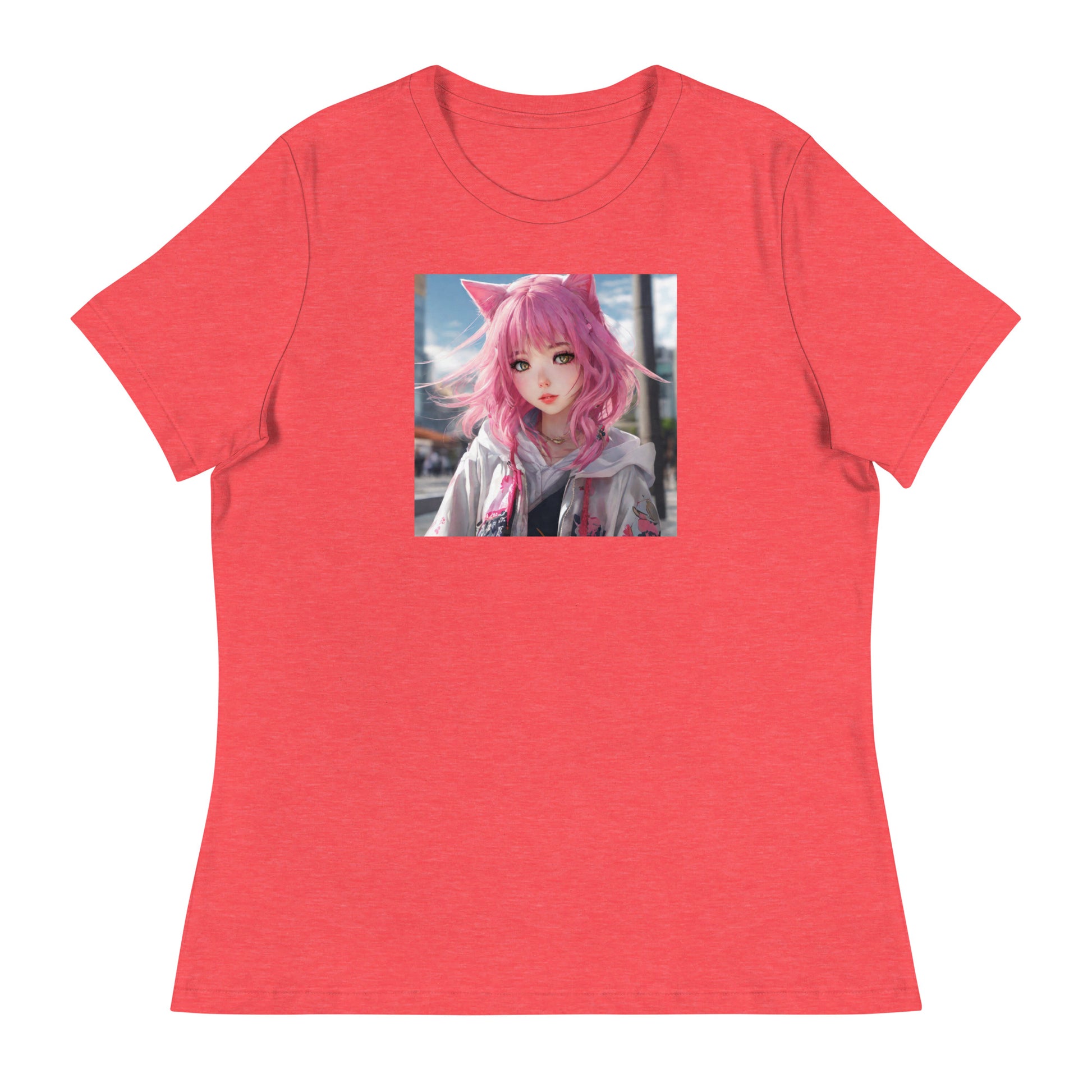 Cute Girl with Cat Ears and Pink Hair Women's Anime T-Shirt Heather Red