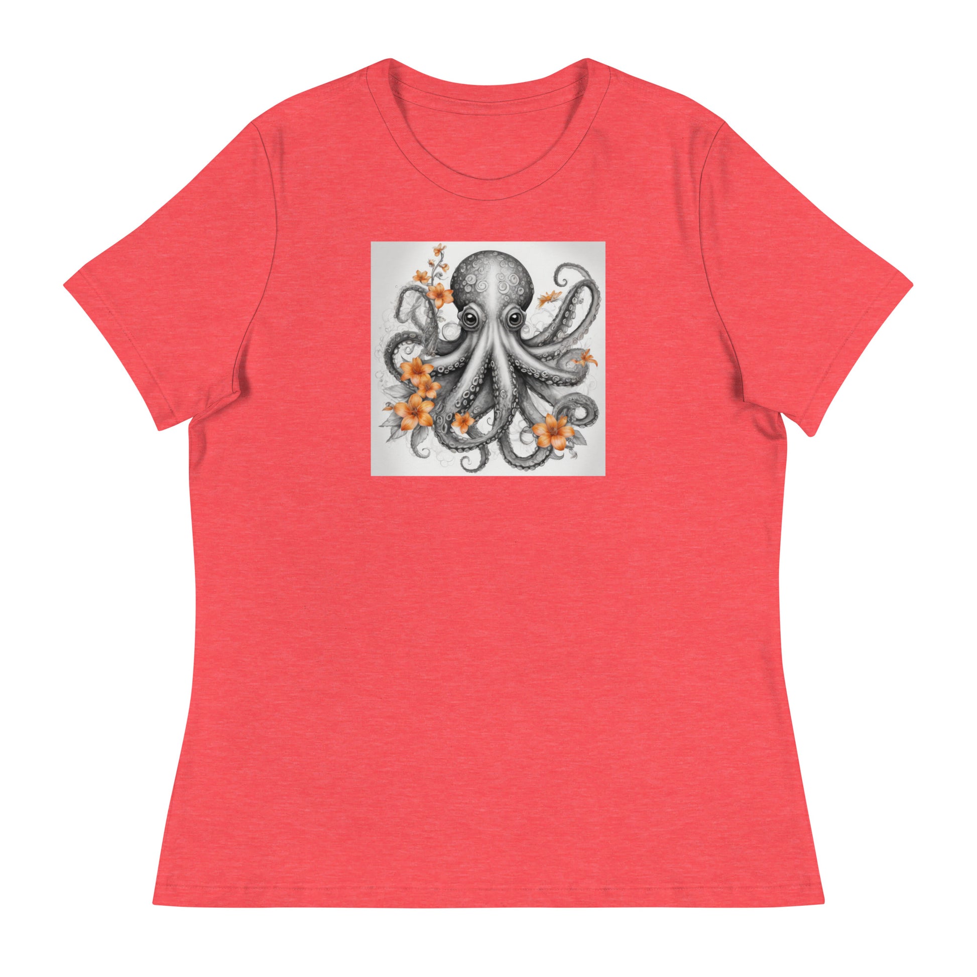 Octopus with Orange Flowers Women's Animal Lover T-Shirt Heather Red