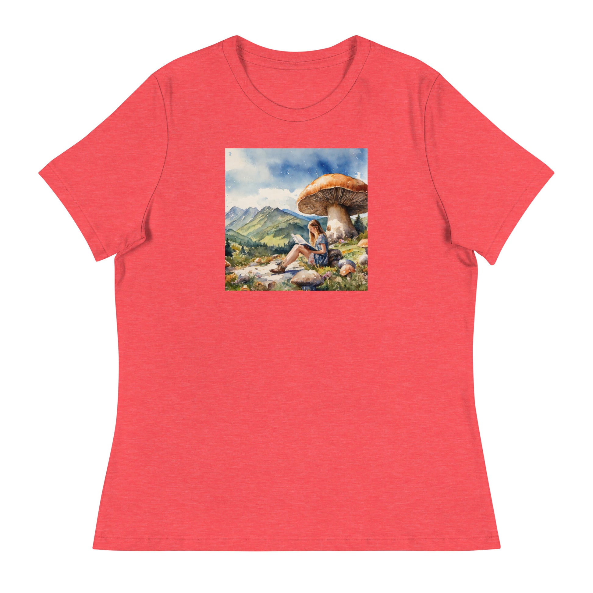 Woman Reading a Book under Large Mushroom Women's Book Lover T-Shirt Heather Red