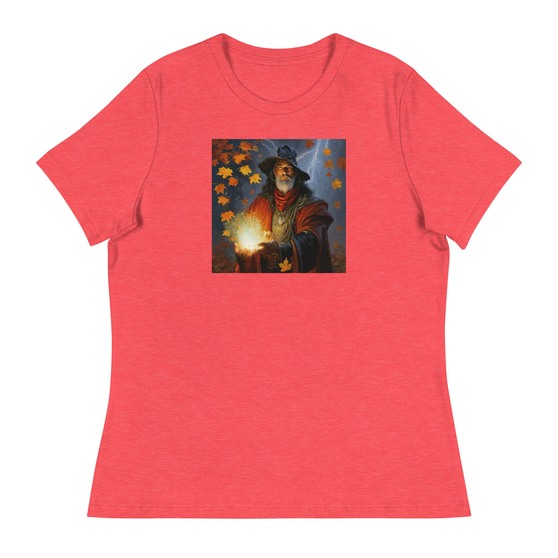 Autumn Wizard Making Fall Leaves Women's Graphic T-Shirt Heather Red