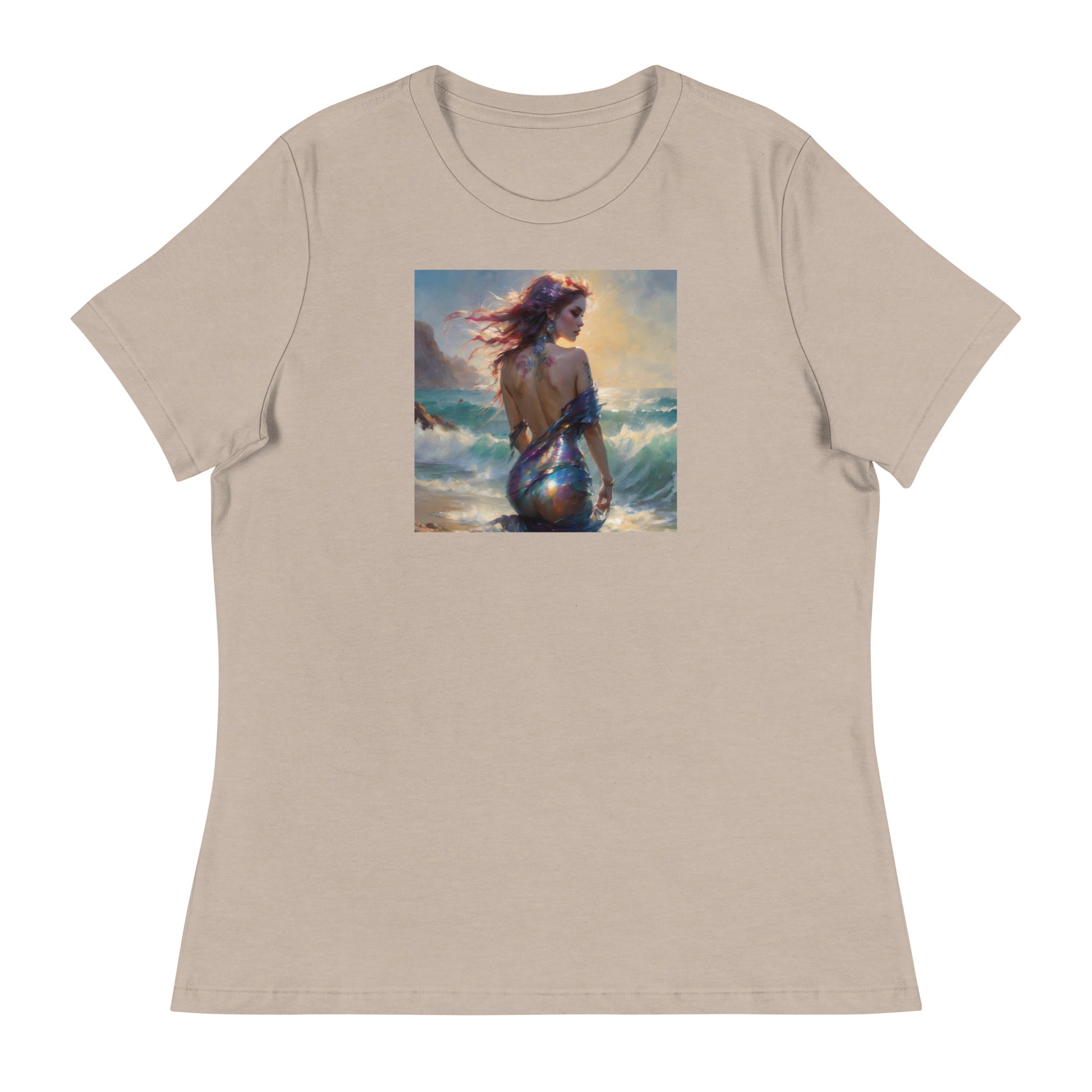 Enchanting Mermaid on Beach Women's Fantasy T-Shirt Heather Stone