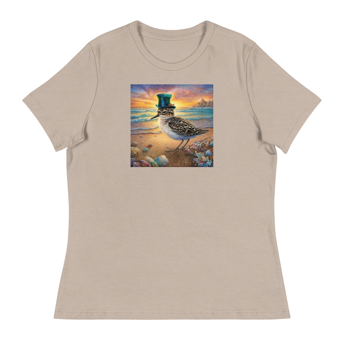 Sandpiper in Top Hat Women's Beach T-Shirt Heather Stone