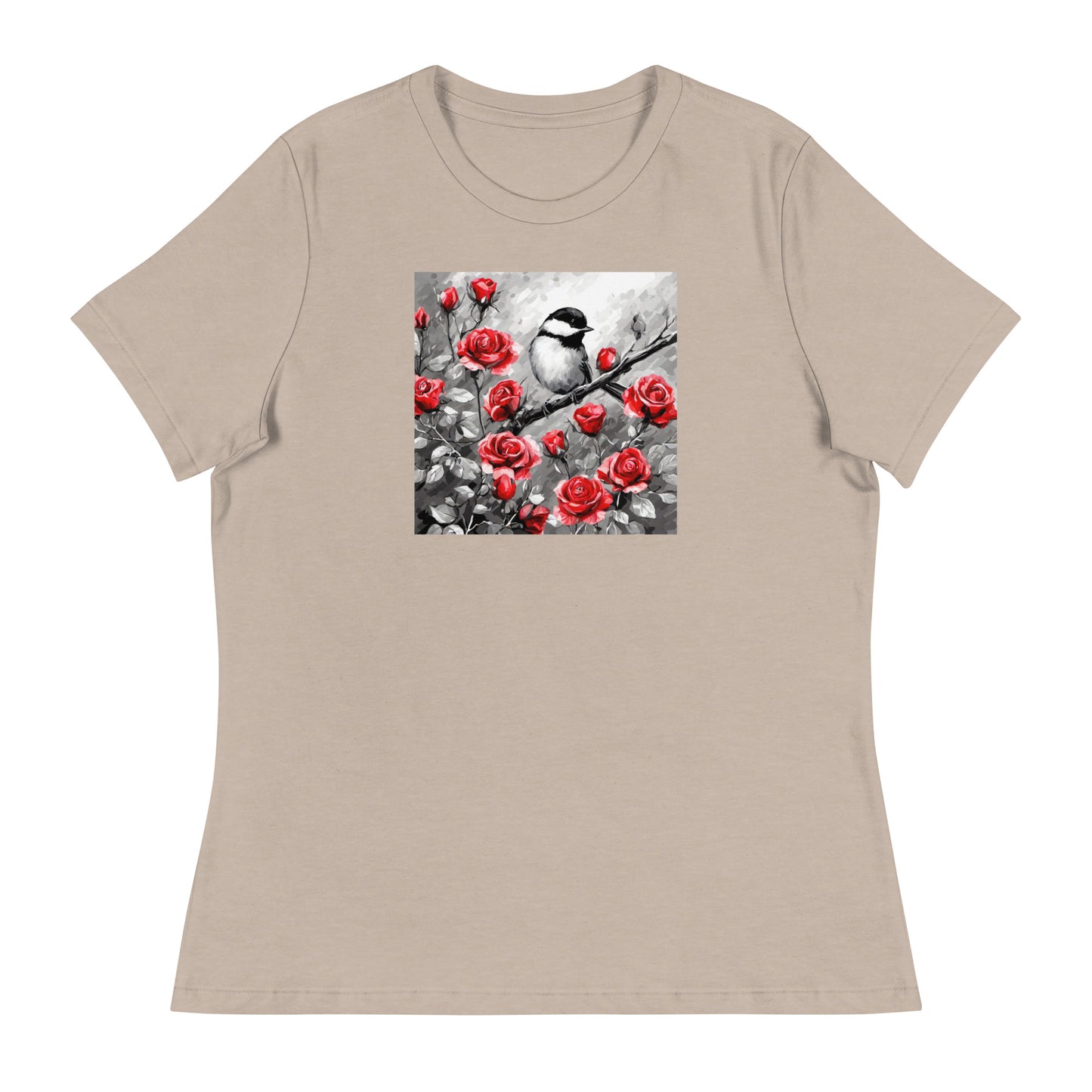 Chickadee Among Roses Women's Bird Lover T-Shirt Heather Stone