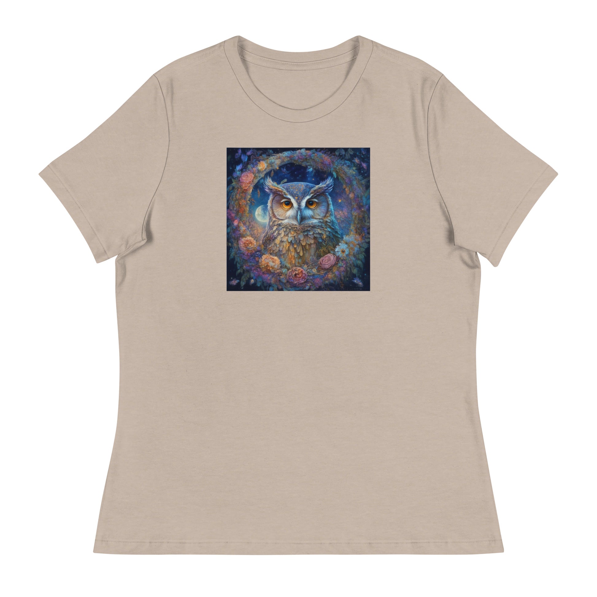 Owl Wreath Women's Animal Lover T-Shirt Heather Stone