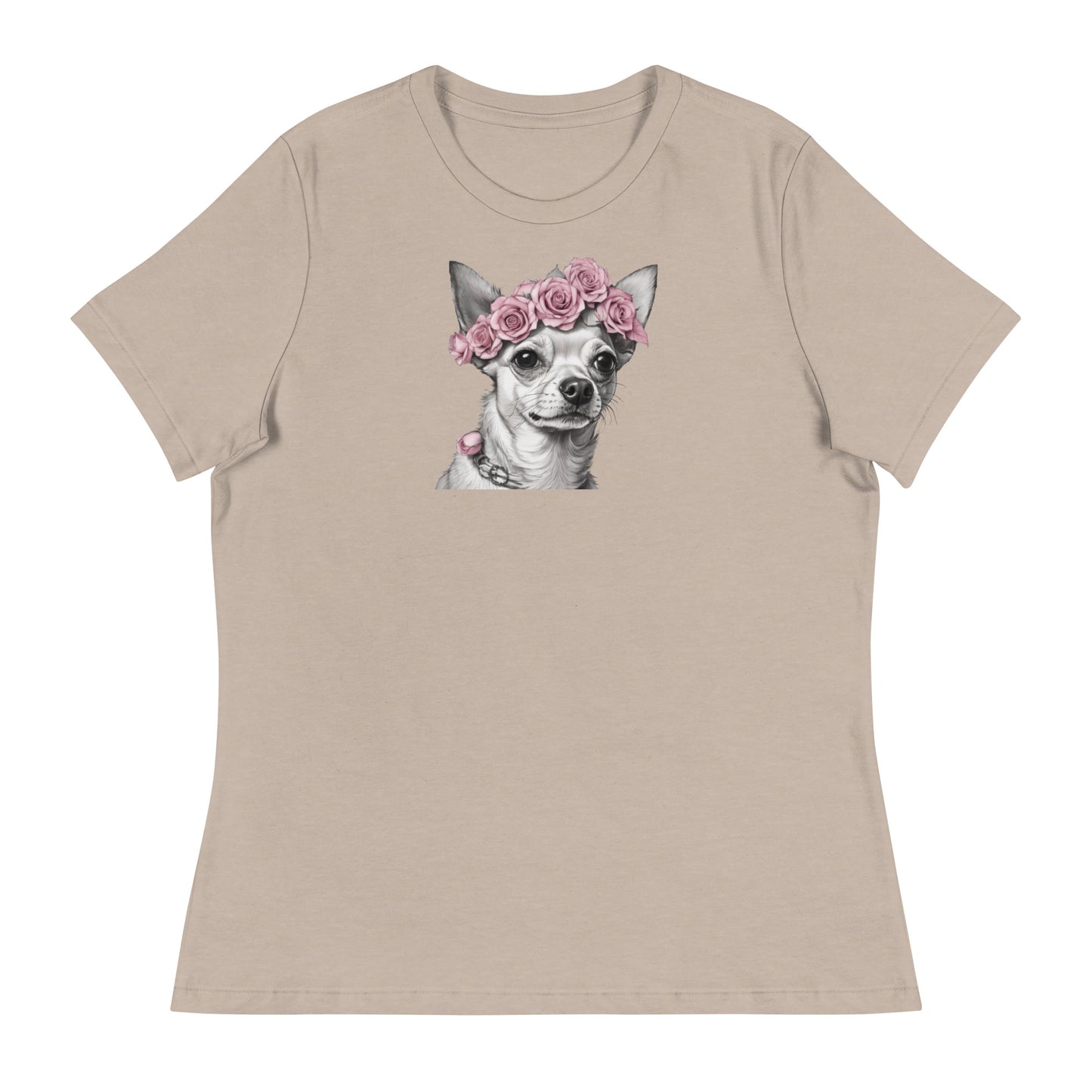 Chihuahua with Pink Rose Wreath Women's Dog Lover T-Shirt Heather Stone