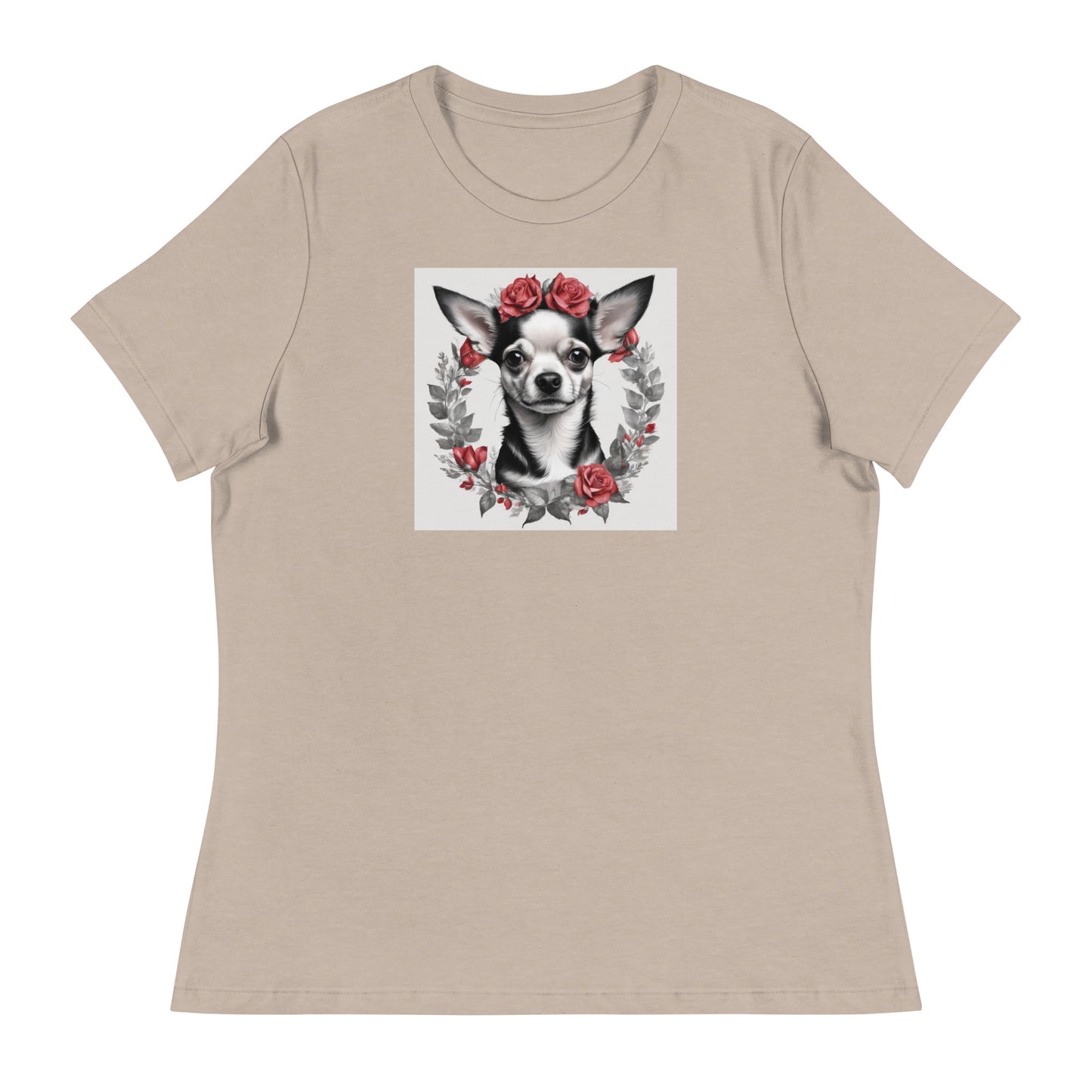 Chihuahua with Red Rose Wreath Women's Dog Lover T-Shirt Heather Stone