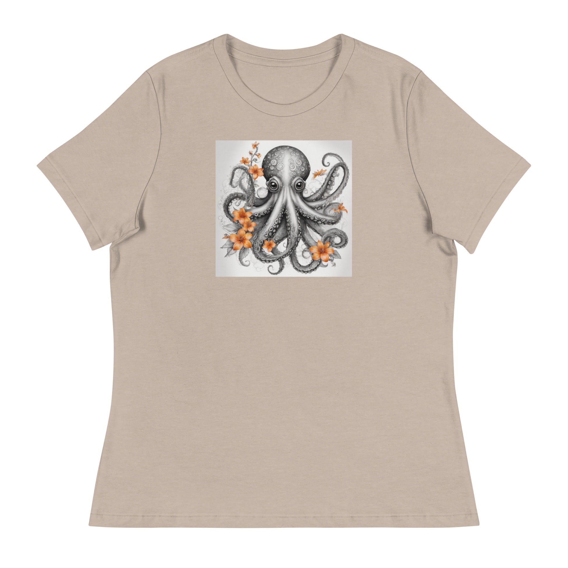 Octopus with Orange Flowers Women's Animal Lover T-Shirt Heather Stone