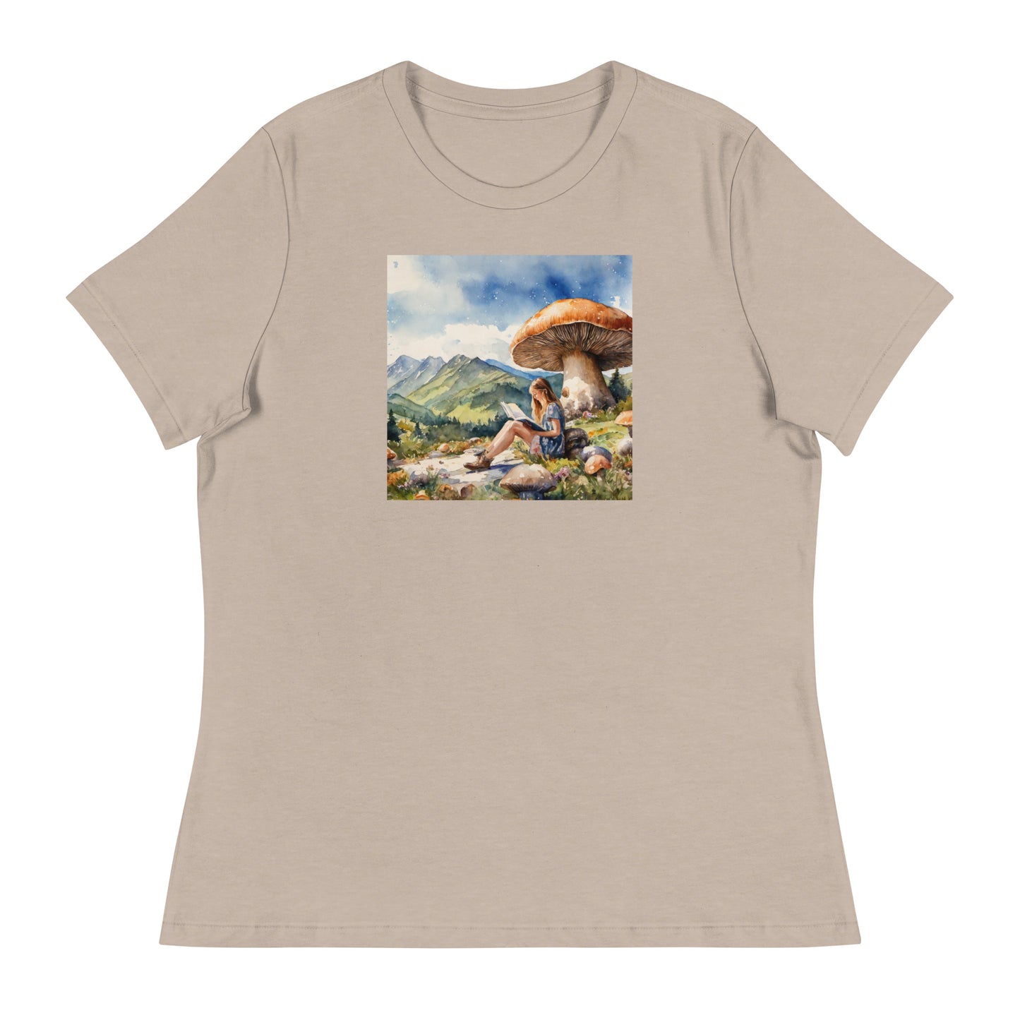 Woman Reading a Book under Large Mushroom Women's Book Lover T-Shirt Heather Stone