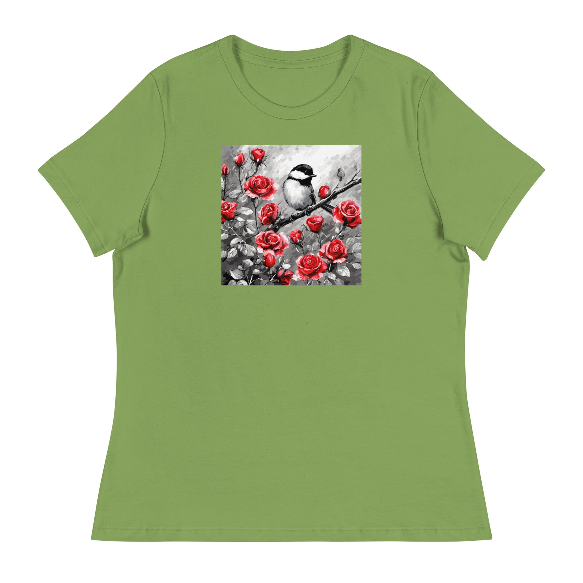 Chickadee Among Roses Women's Bird Lover T-Shirt Leaf