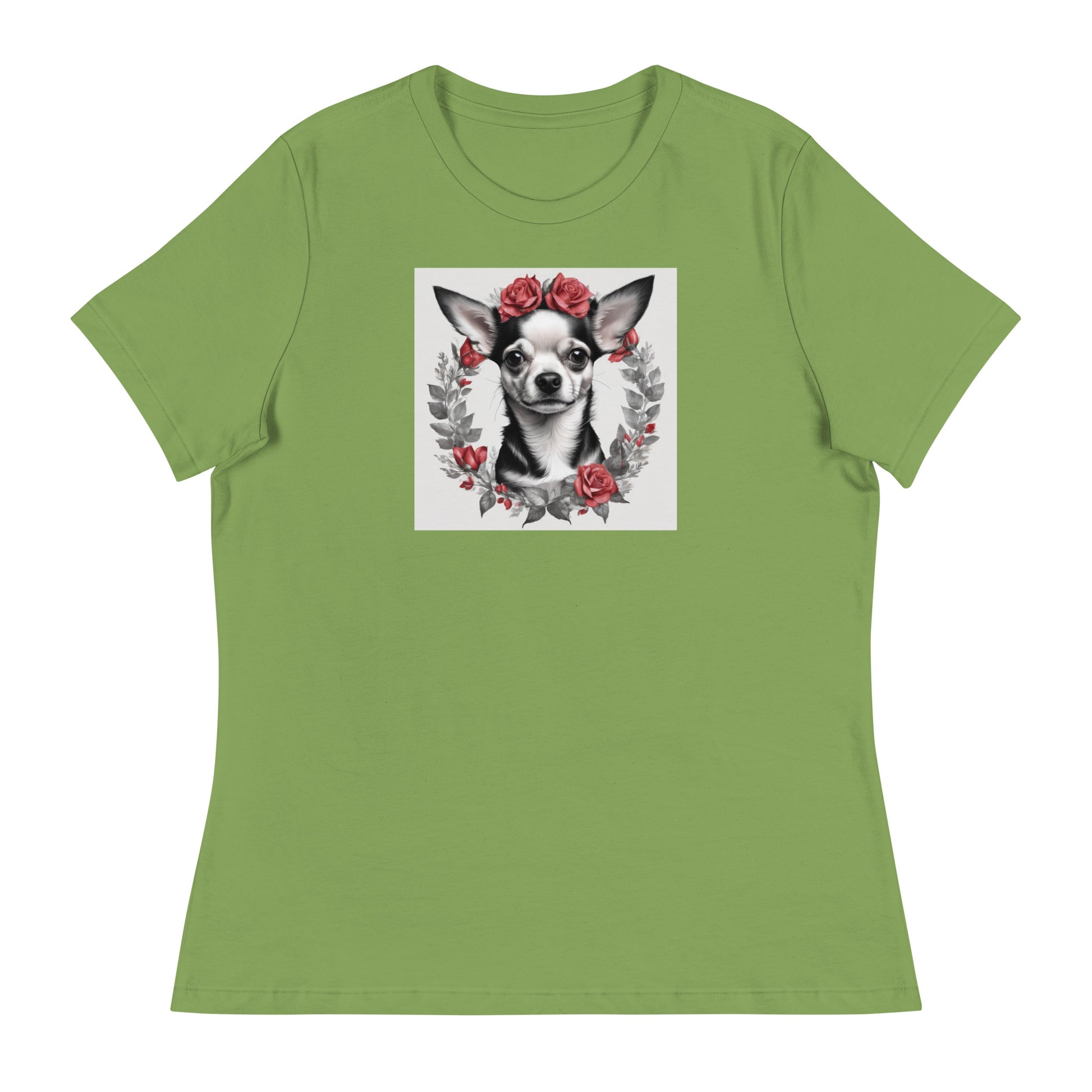 Chihuahua with Red Rose Wreath Women's Dog Lover T-Shirt Leaf