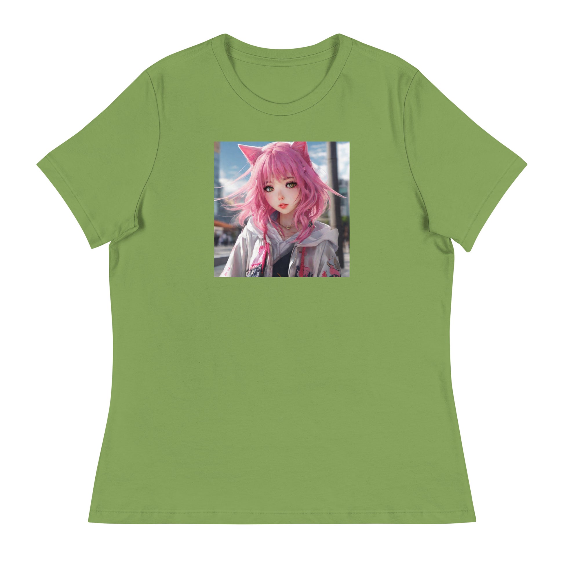 Cute Girl with Cat Ears and Pink Hair Women's Anime T-Shirt Leaf