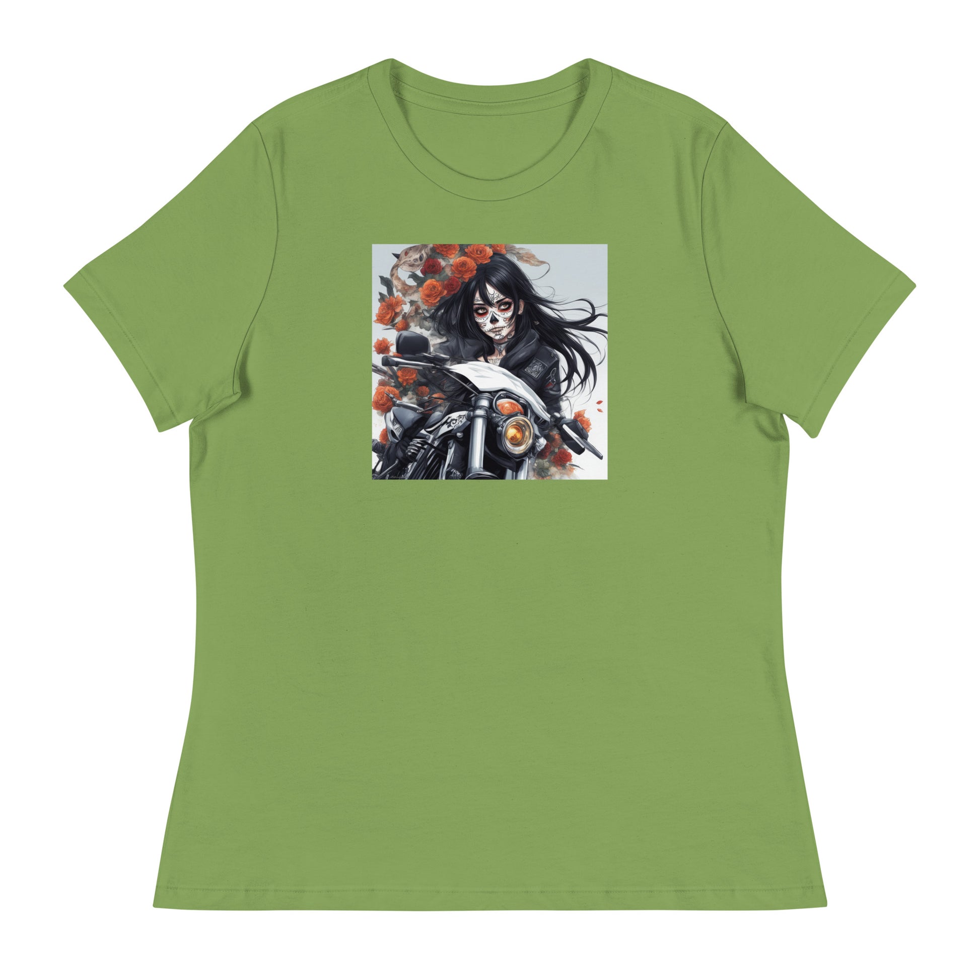 Day of the Dead Biker Close Up Women's Anime T-Shirt Leaf