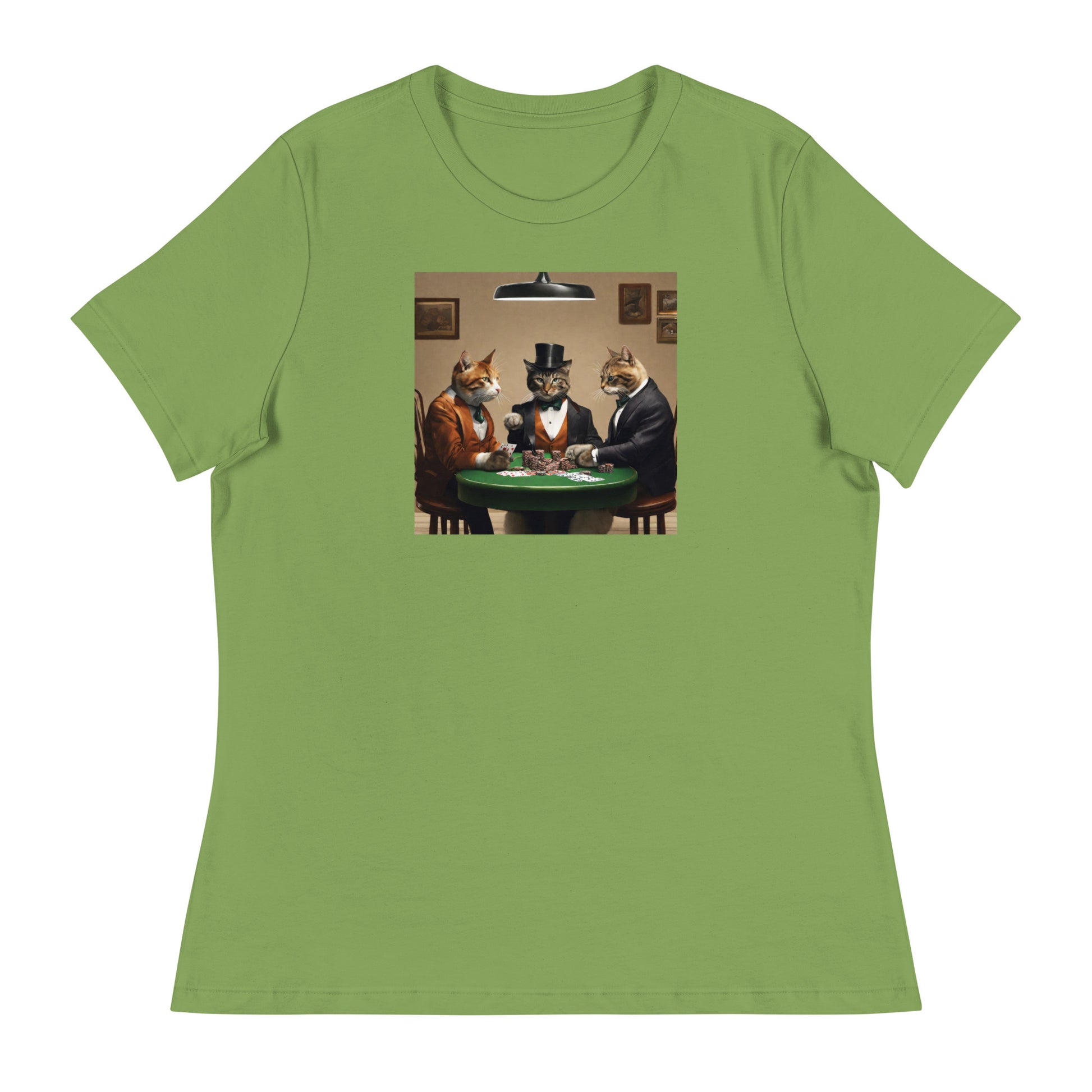 Cats Playing Poker Women's Funny T-Shirt Leaf