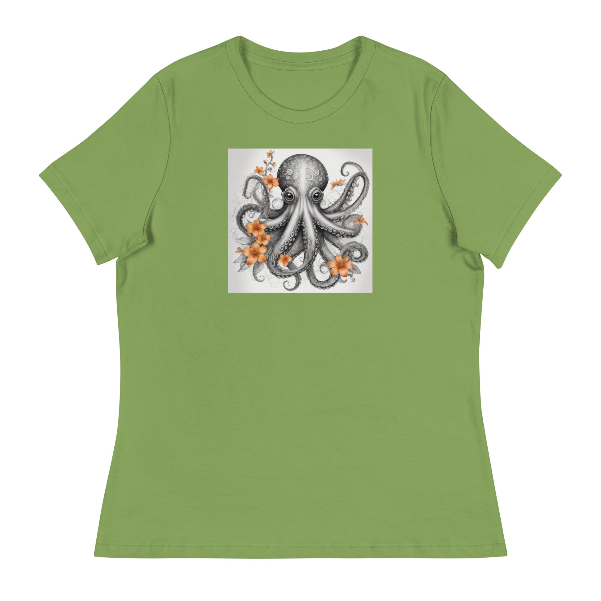 Octopus with Orange Flowers Women's Animal Lover T-Shirt Leaf