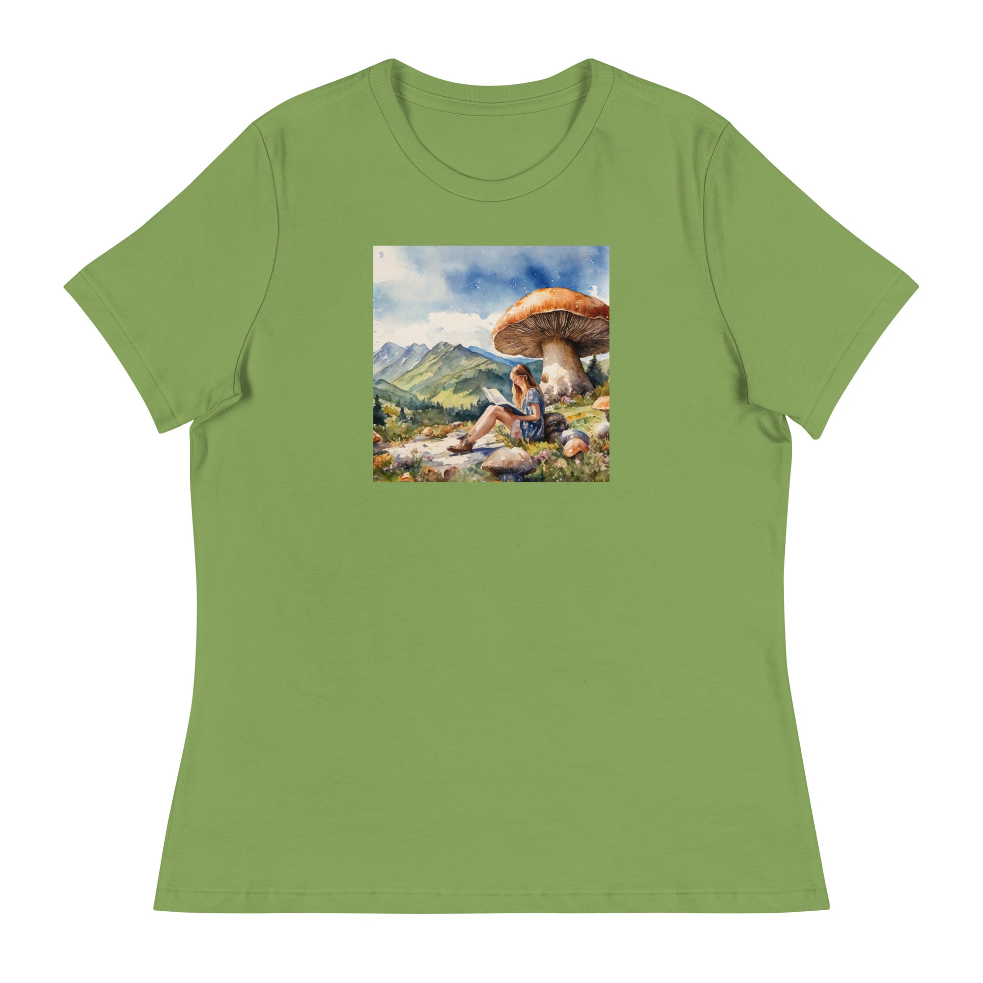 Woman Reading a Book under Large Mushroom Women's Book Lover T-Shirt Leaf