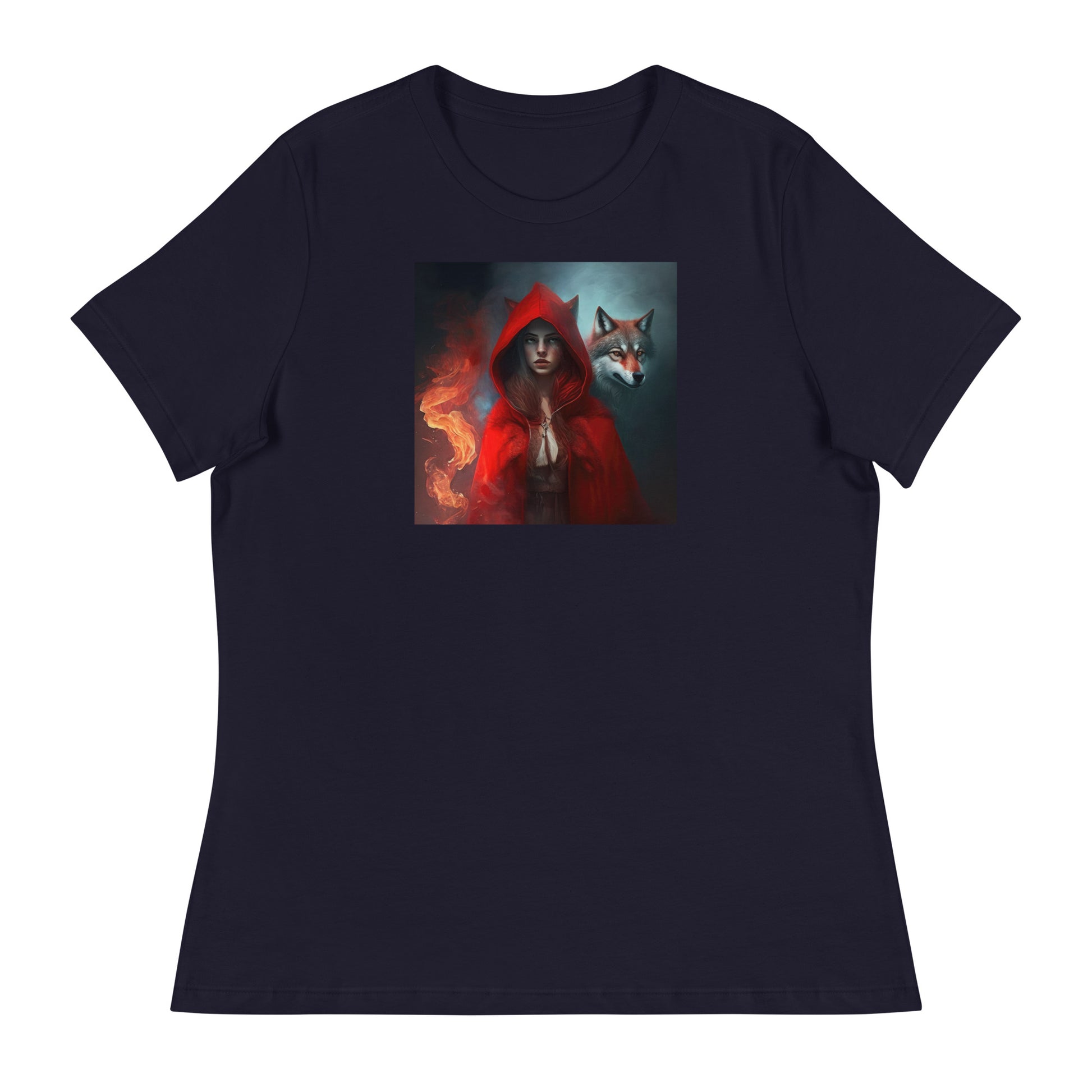 Fiery Red Riding Hood & Wolf Women's T-Shirt Navy