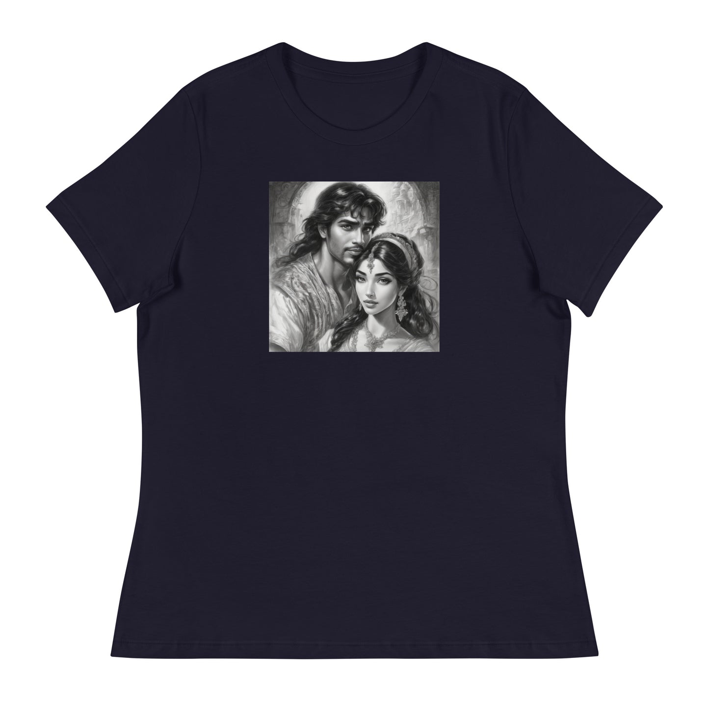 Jasmine & Aladdin Portrait Women's Fairy Tale T-Shirt Navy