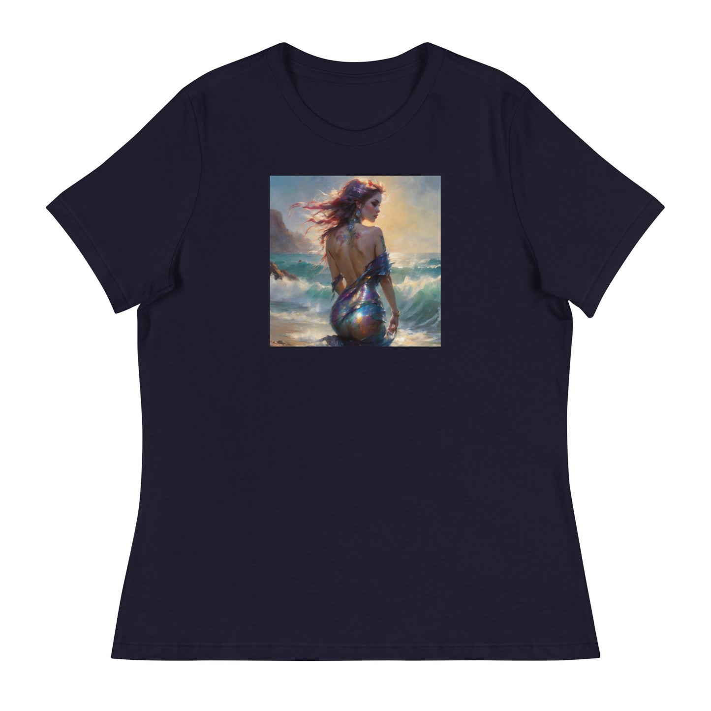 Enchanting Mermaid on Beach Women's Fantasy T-Shirt Navy