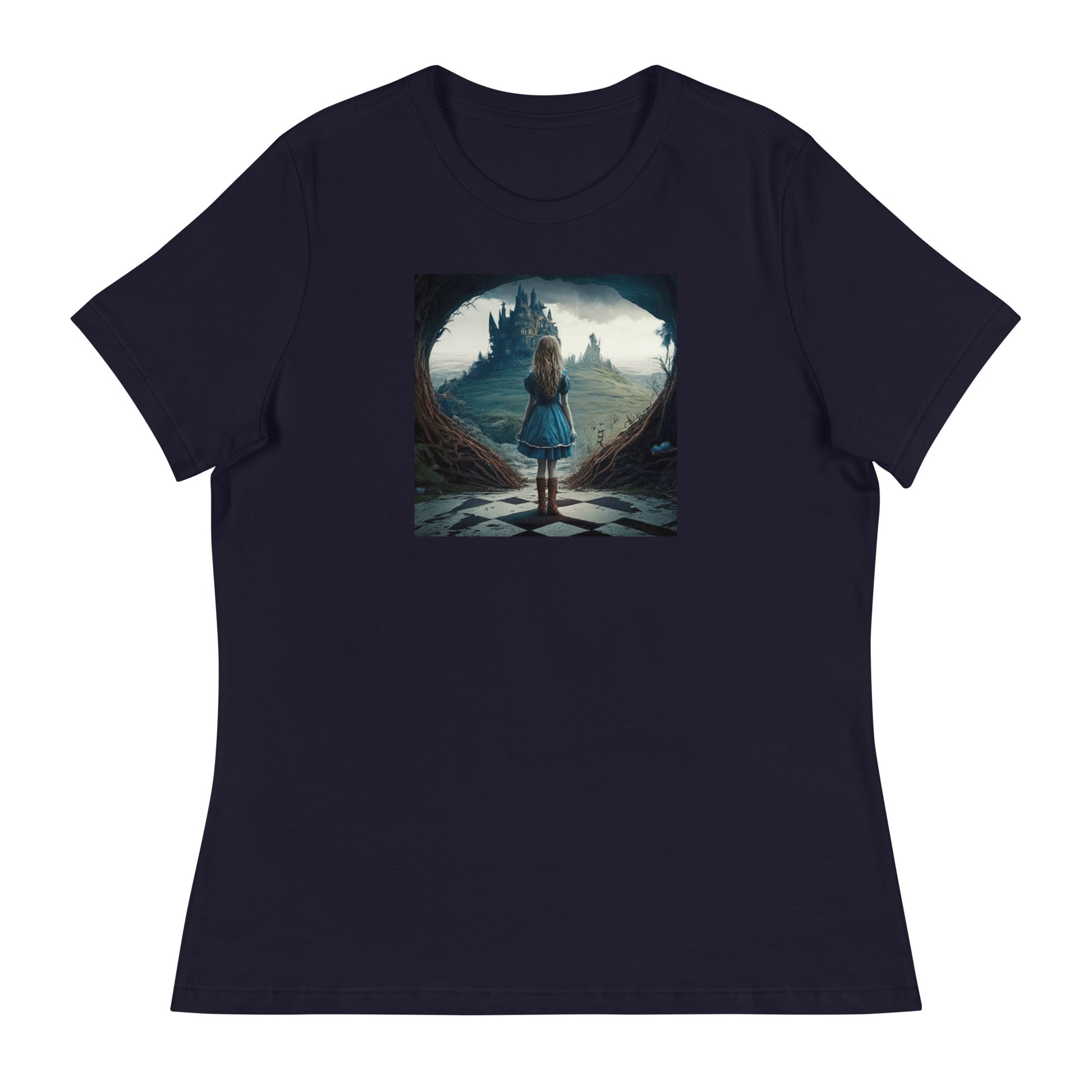 Alice Entering Wonderland Women's Fantasy Graphic Tee Navy