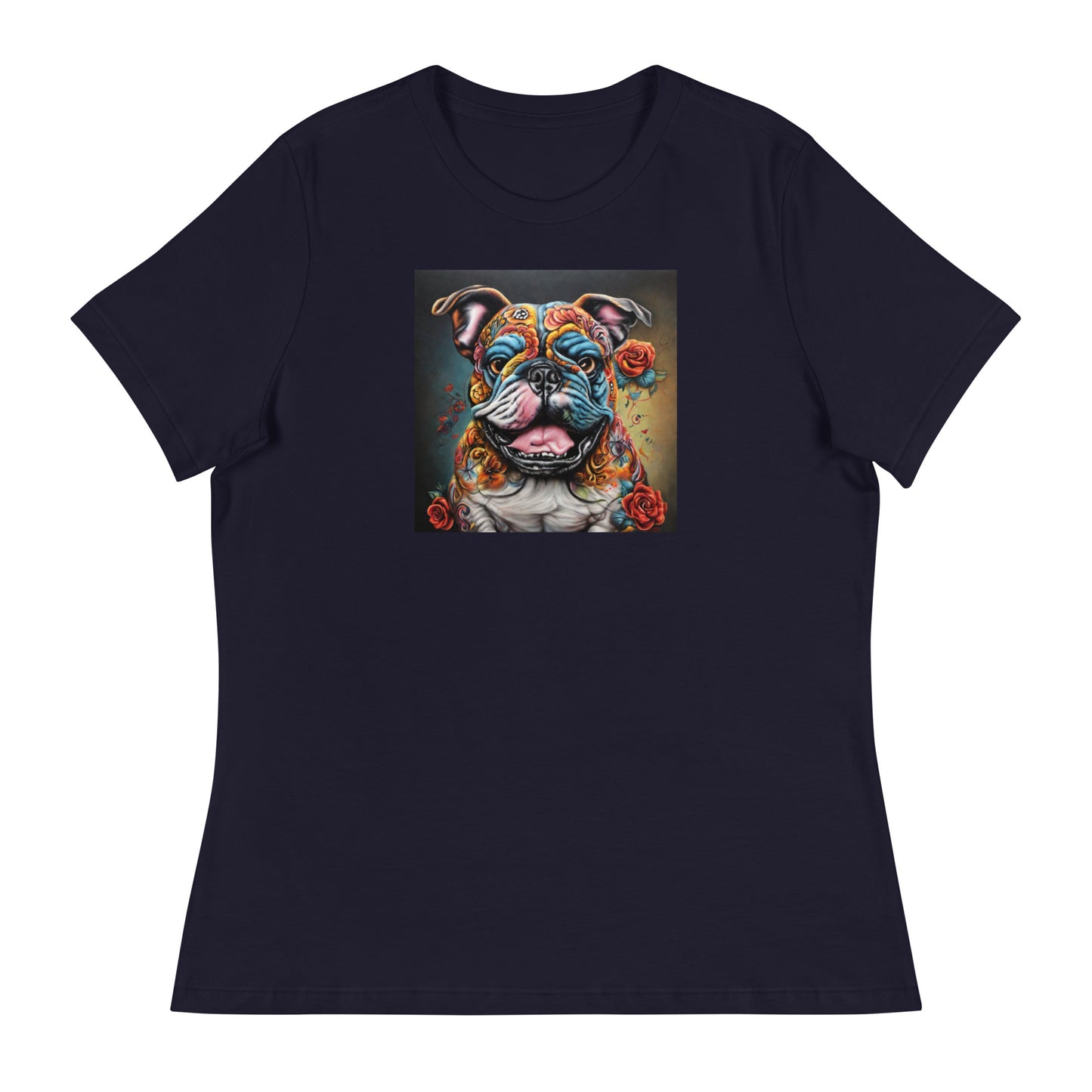 Day of the Dead Bulldog Women's Dog Lover Tee Navy