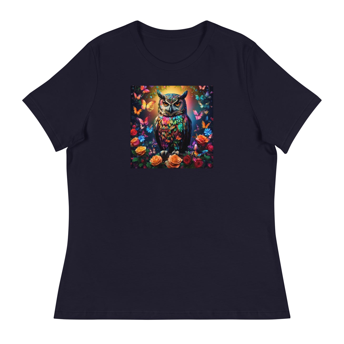 Owl and Roses Women's Animal Lover T-Shirt Navy