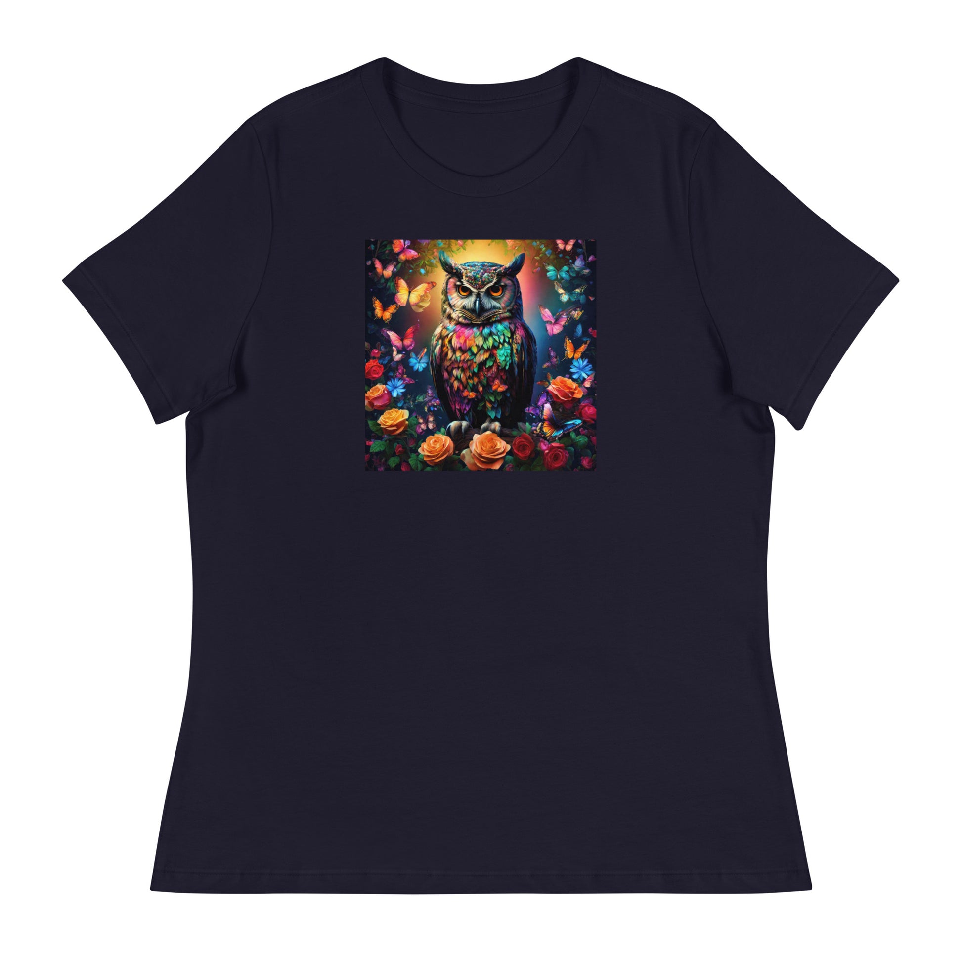 Owl and Roses Women's Animal Lover T-Shirt Navy