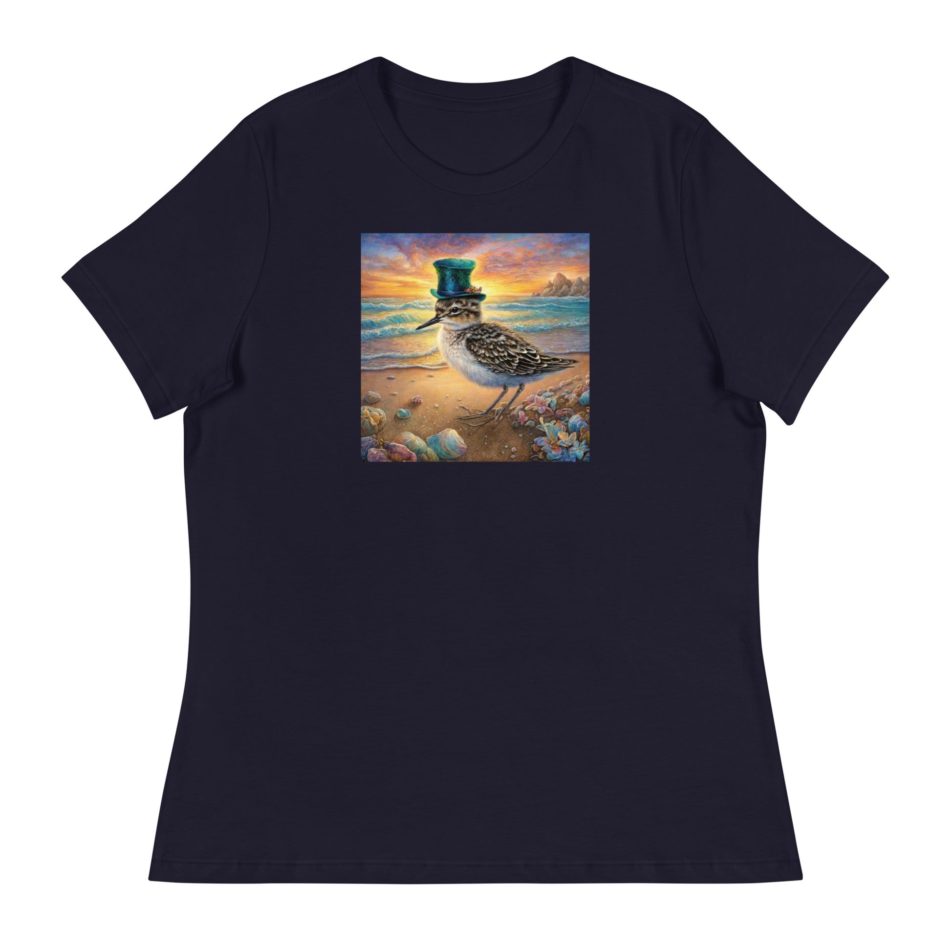 Sandpiper in Top Hat Women's Beach T-Shirt Navy