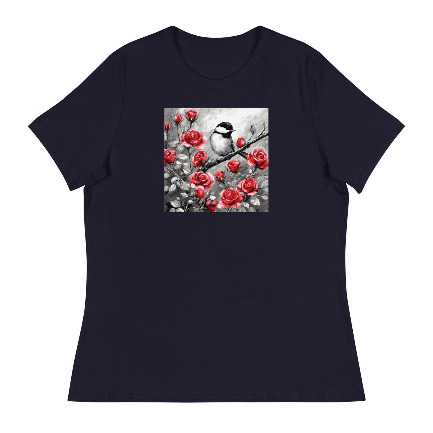 Chickadee Among Roses Women's Bird Lover T-Shirt Navy