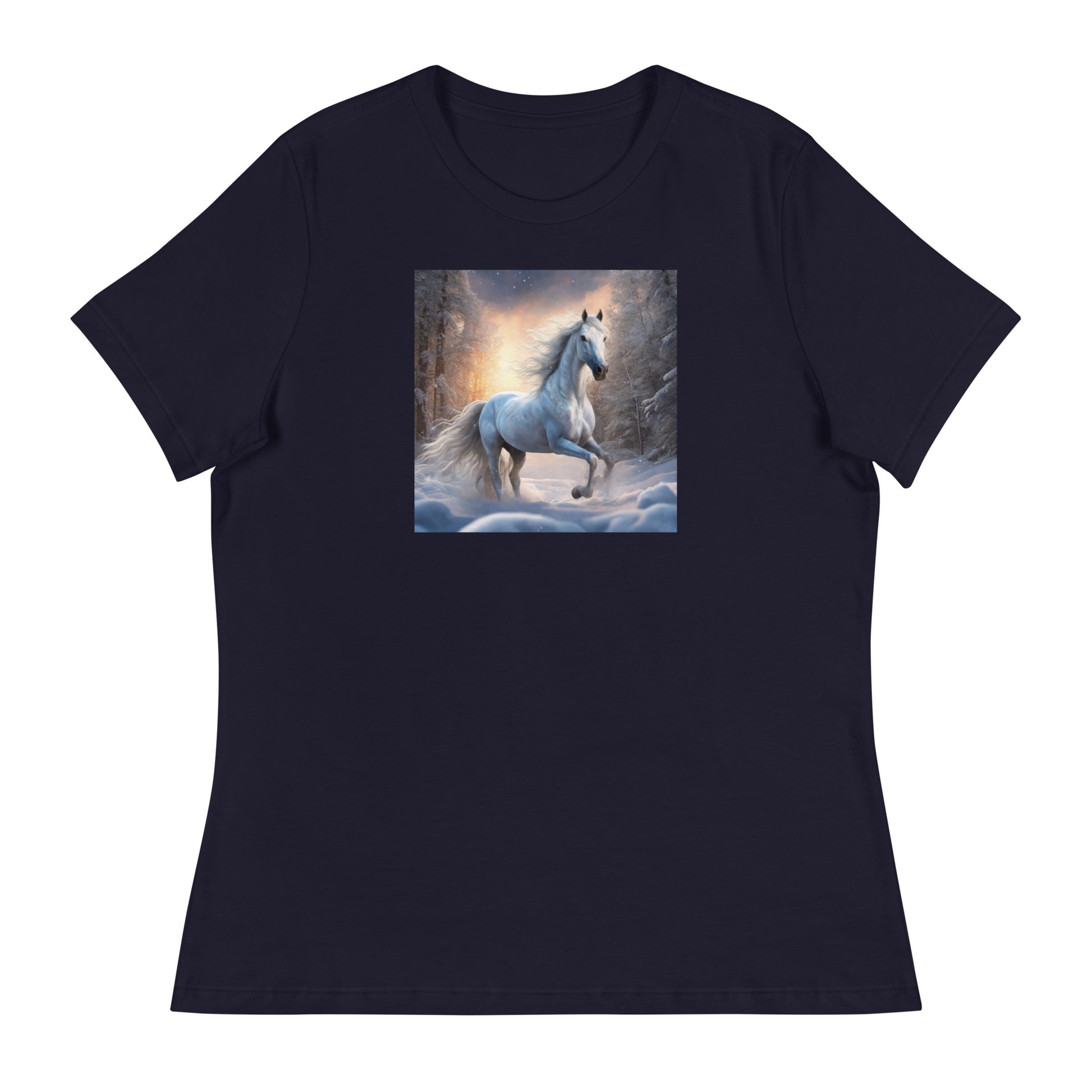 Beautiful White Winter Horse Women's Animal Lover T-Shirt Navy