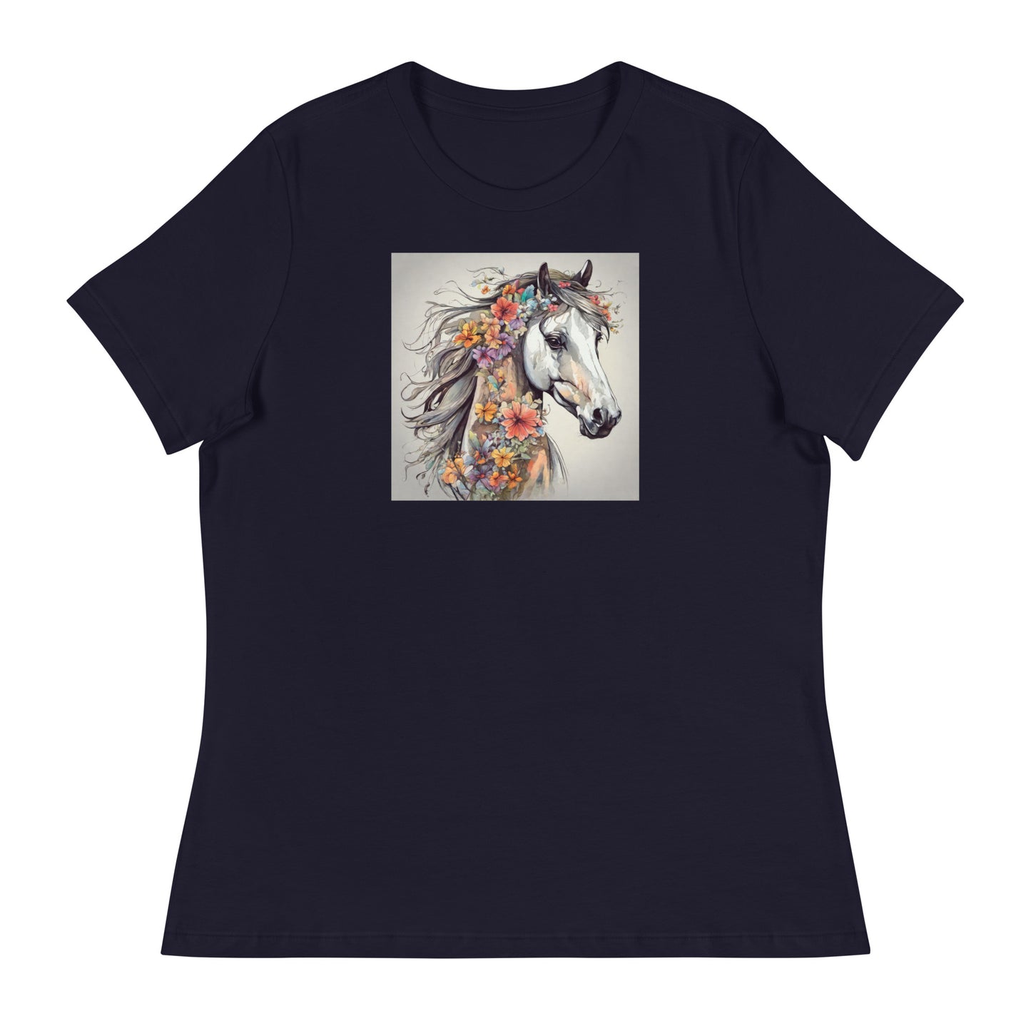 Horse with Flowers Women's Animal Lover T-Shirt Navy