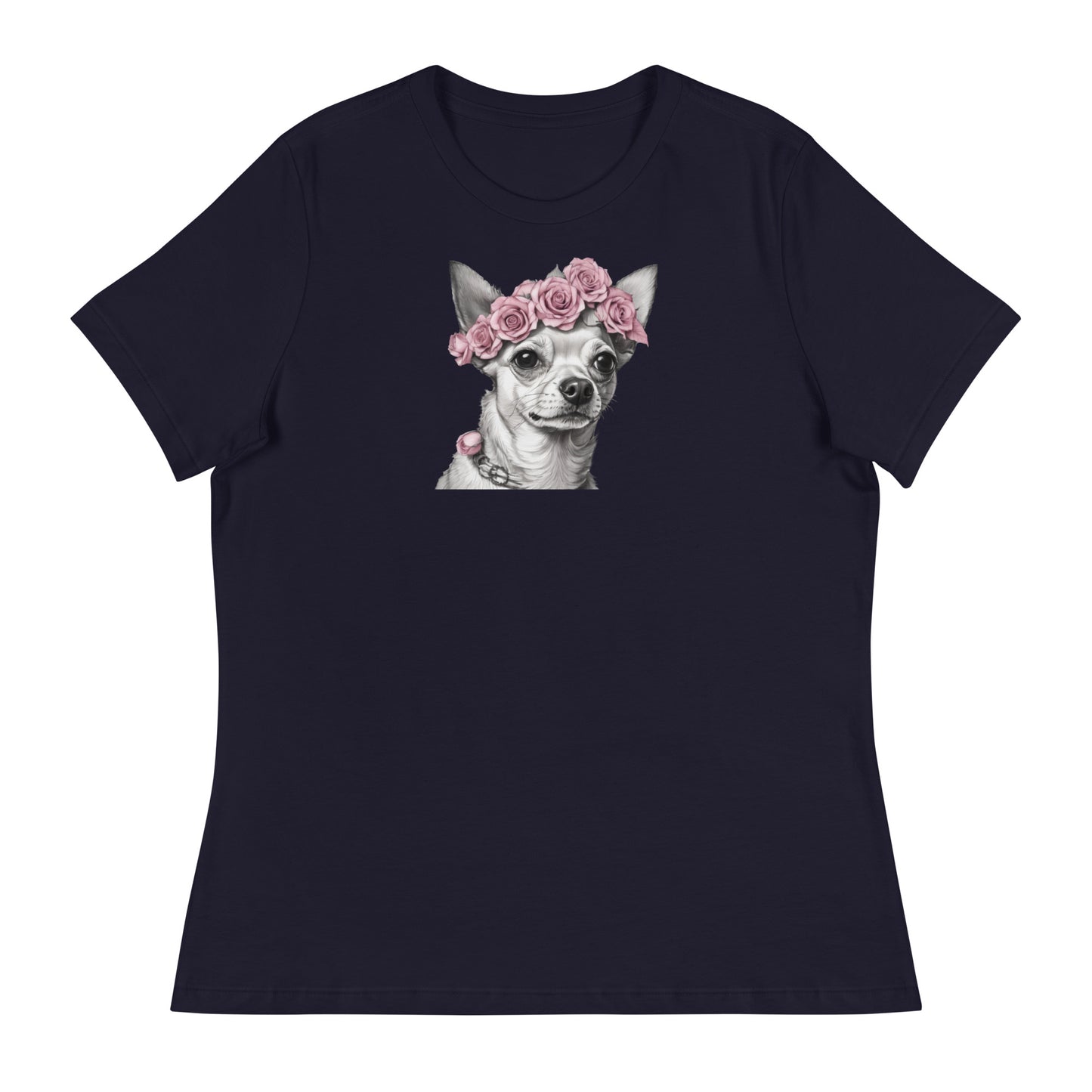 Chihuahua with Pink Rose Wreath Women's Dog Lover T-Shirt Navy